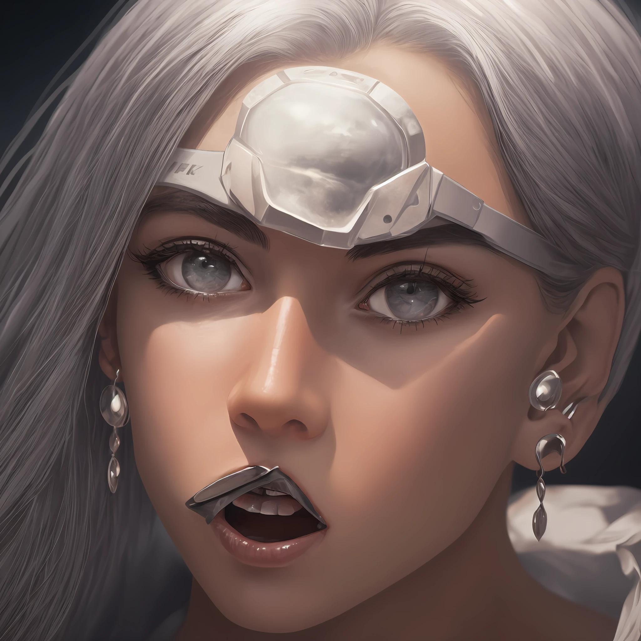 black hair, silver hair, forehead protector, glaring, earrings, v-shaped eyebrows, rape face, oral invitation, Surrealism, Surrealism, cinematic lighting, 8k, super detail, 8k, best quality, high details, anatomically correct --auto