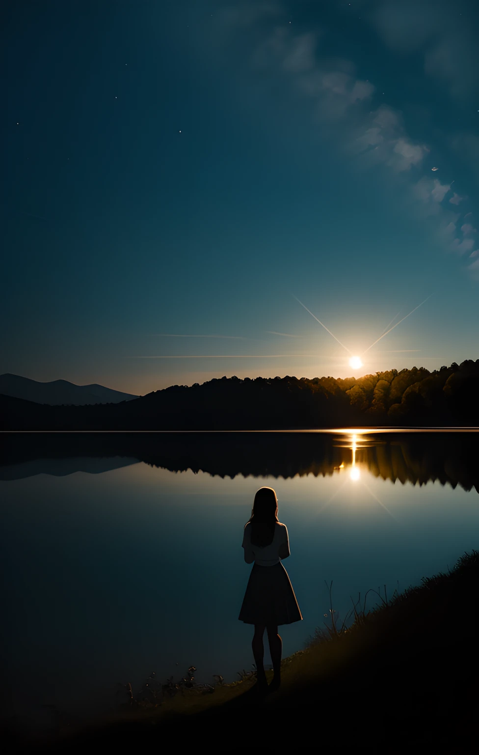 moonlight, lake, woman,