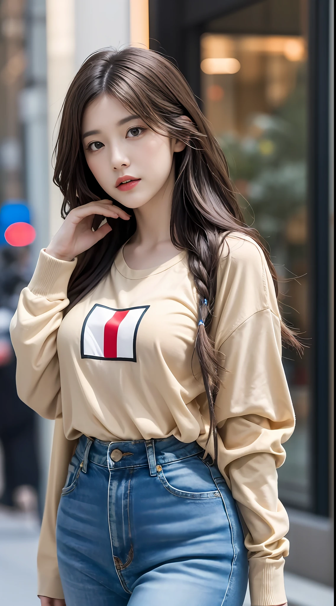 （（realistic illumination，Top  Quality，8K，tmasterpiece：1.3）），Clear focus：1.2，1个Giant Breast Girl，perfect figure beautiful woman：1.4，，（（Long blue curly hair，large pubis hair：1.3）），（Acceleration：1.4），（exteriors，the night：1.1），the street，Slender face，Long narrow eyes，二重まぶた，The  are exposed，Incredibly Ridiculous res，dishevelled hair，Floating hair，（Yellow long-sleeved T-shirt，Extra-short jeans，：1.2）Fashion model pose，