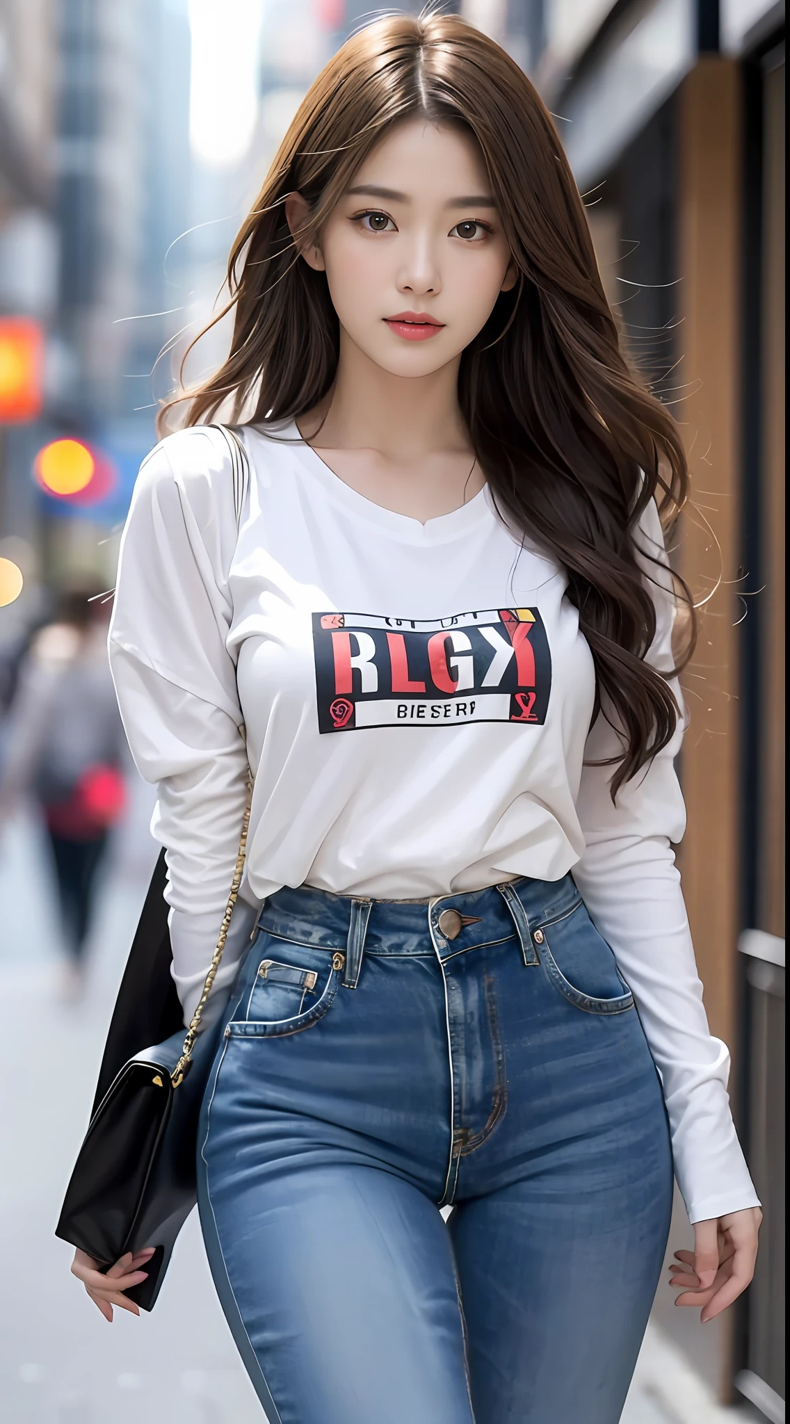 （（realistic illumination，Top  Quality，8K，tmasterpiece：1.3）），Clear focus：1.2，1个Giant Breast Girl，perfect figure beautiful woman：1.4，，（（Long blue curly hair，large pubis hair：1.3）），（Acceleration：1.4），（exteriors，the night：1.1），the street，Slender face，Long narrow eyes，二重まぶた，The  are exposed，Incredibly Ridiculous res，dishevelled hair，Floating hair，（Yellow long-sleeved T-shirt，Extra-short jeans，：1.2）Fashion model pose，
