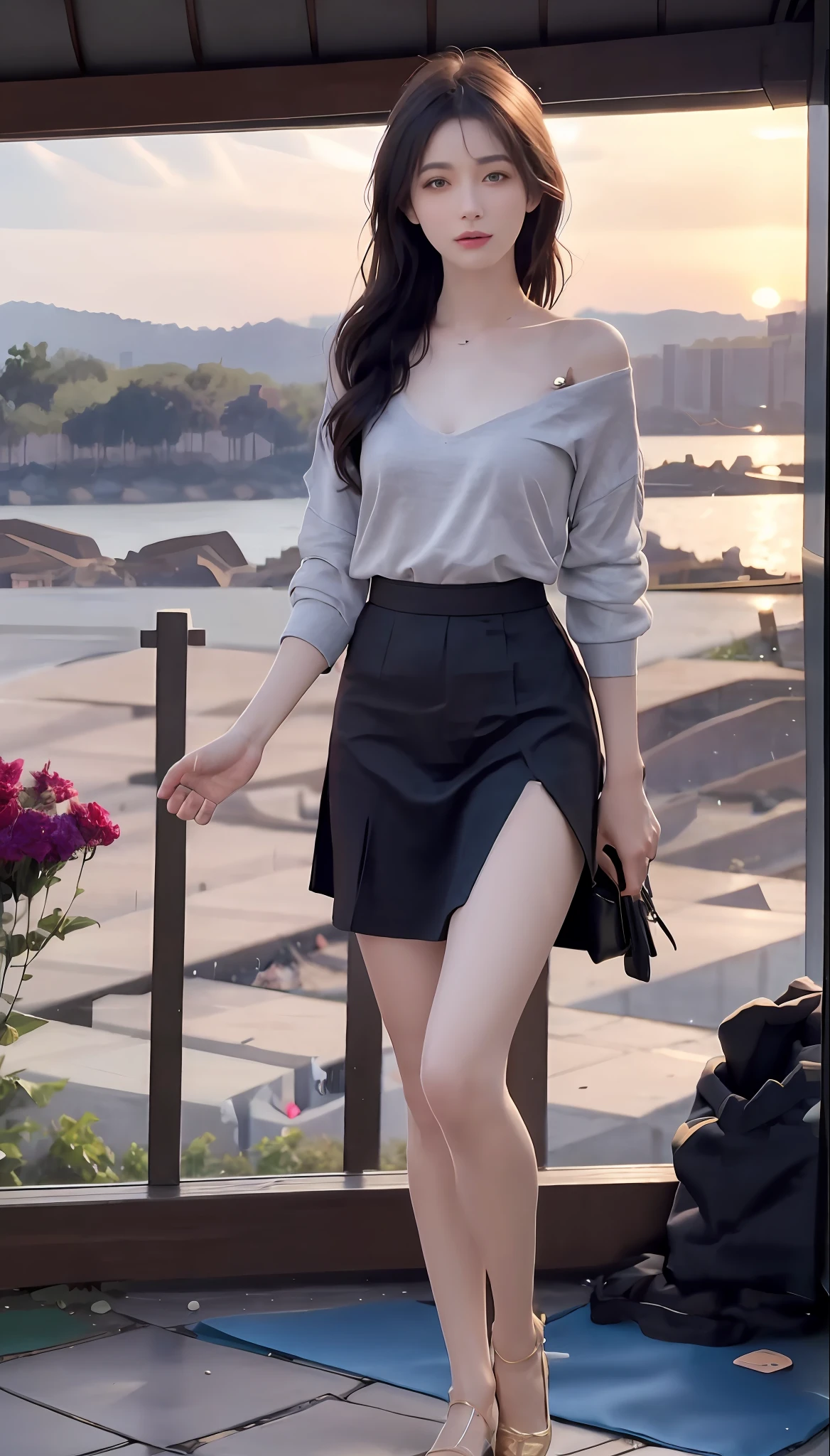 Masterpiece,Best quality,offcial art,on focus，Full body photo(FLS)，Full-HD,1080p,2K,4K,8K，Mind-bSoft illuminationlowing Details，unfathomed，Leica camera，full lenght shot(FLS)，Cute，Golden ratio，gentle illumination，absorption。ultra - detailed，extremely detaile，Beautiful Meticulous Girl，1girll，（perfect female shape），full bodyesbian，Purple skirt，Long legs，No chest is exposed，Long curly yellow hair，The background is by the sea。