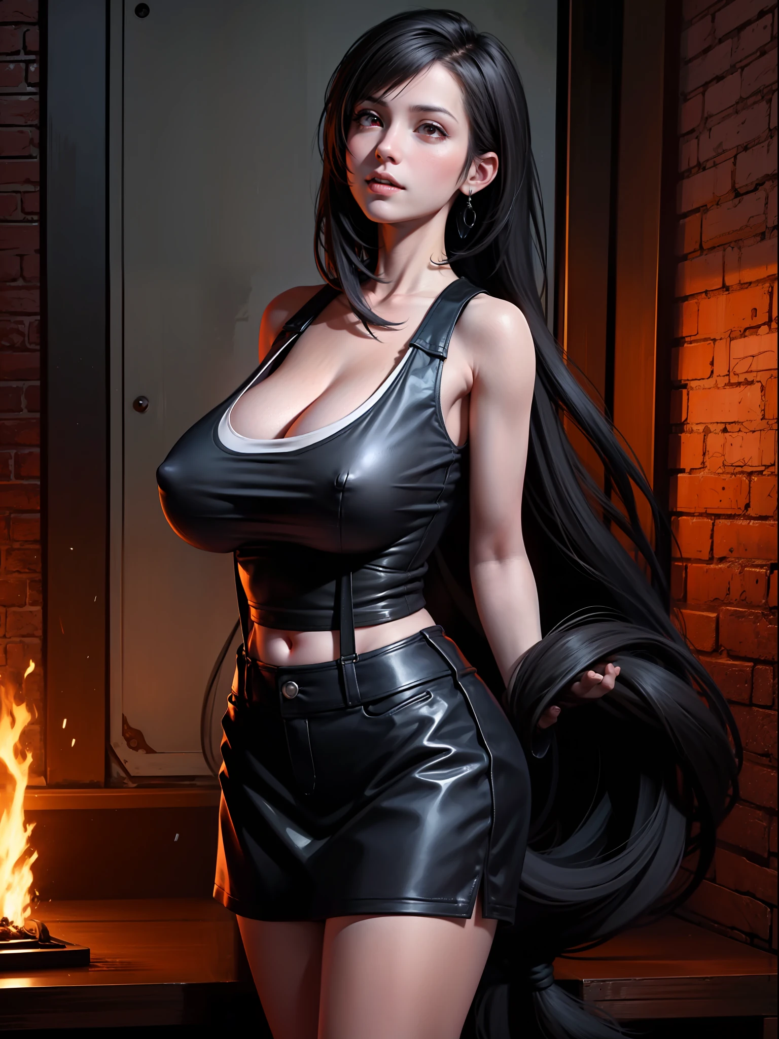official art, unity 8k wallpaper, ultra detailed, beautiful and aesthetic, masterpiece, best quality, 1girl, extremely detailed, dynamic angle, cowboyshot, the most beautiful form of chaos, elegant, a brutalist designed, vivid colours, romanticism, by james jean, roby dwi antono, ross tran, francis bacon, michal mraz, adrian ghenie, petra cortright, gerhard richter, takato yamamoto, ashley wood, atmospheric. Tifa lockhart, long black hair, red eyes, hair bangs, (white tank top:1.5), black miniskirt, suspenders, stockings, (huge breasts:1.5), cleavage, in a modern industrial apartment, brick wall, one girl, 1 girl, thin waist, wide hips, exposed abdomen, toned abs, toned arms, close up