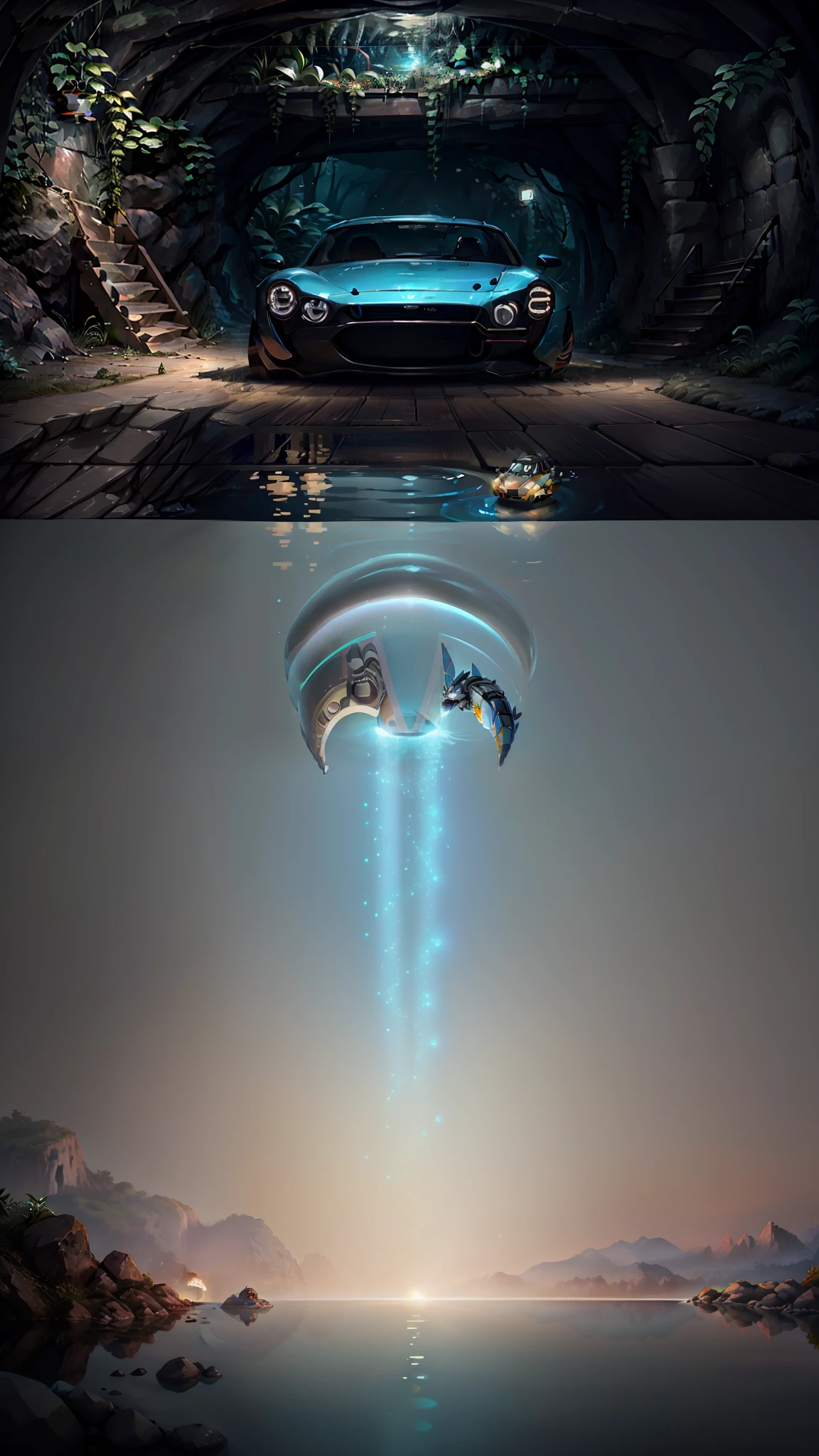 masterpiece ((clean glass,shine:1.2,(transparent:1.1),gloss)), best quality, ( Pixar - style :1.4), (In a cave, at night, surrounded by glowing plants, flowers, flying fireflies, bonfires), (Ultra detailed, aesthetic, beautiful composition, rich bright colors, volumetric soft light).
4k,reflection in the water,water ripple Inspired by Alice in Wonderland, magic, fairy tales. unreal Engine, octane render, cuteness render, 3d rendering, Adobe Photoshop, awe inspiring