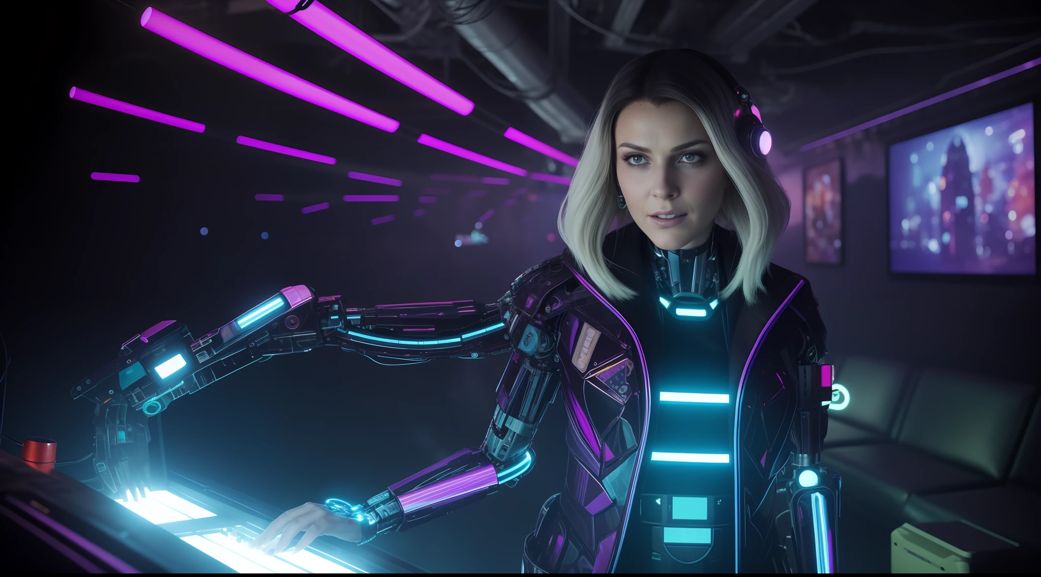 Close-up, An extraordinarily beautiful woman is in a cyberpunk nightclub. She's shrouded in a haze of smoke and multicolored strobe lights. Her holographic suit changes color and pattern as she moves, emitting an energetic vibration. Her hair is adorned with futuristic accessories and shiny strands, who react to the rhythm of the pulsating music. She's surrounded by people dancing., each of them with a unique appearance and characterized by cybernetic modifications. The atmosphere is electric, and the woman radiates an aura of confidence and power, Cyberpunk aesthetics, foco nítido, Studio photo, detalhes intrincados, altamente detalhado, profundidade de campo, foco nítido, High detail, textura de pele realista, Realistic, fotorrealista, Arte Digital, tinta escura, Directed by: Greg Rutkowski