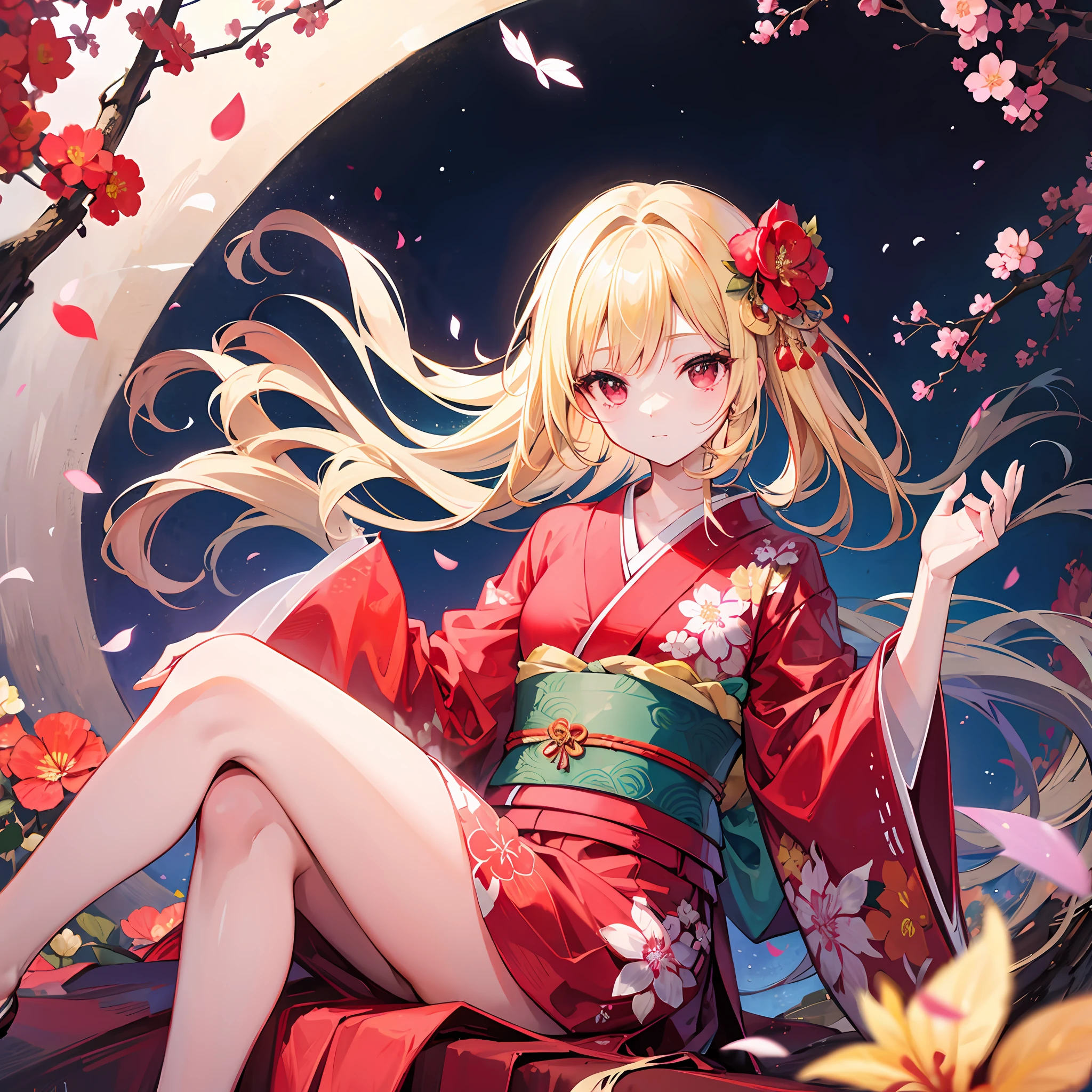 One blonde girl、red eyes、Bright red kimono、Plum Blossom