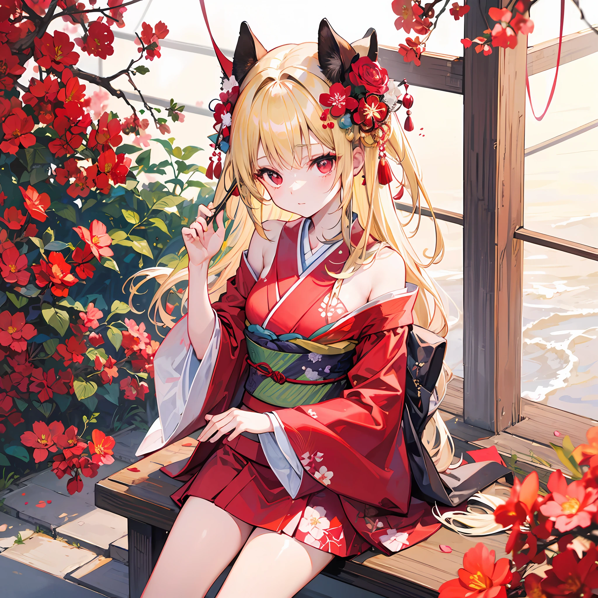 One blonde girl、red eyes、Bright red kimono、Plum Blossom