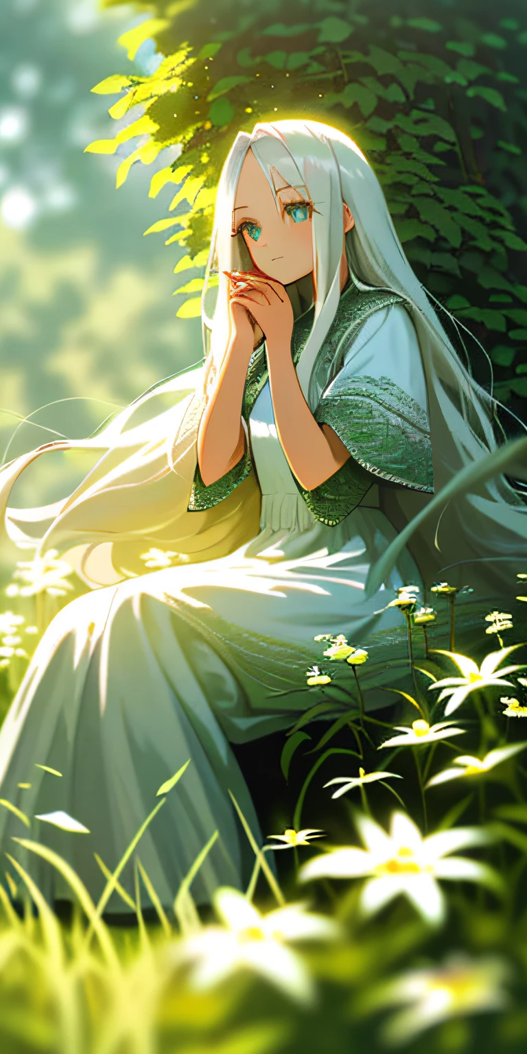 (masterpiece, best quality),1girl with long white hair sitting in a field of green plants and flowers, her hand under her chin, warm lighting, white dress, blurry foreground