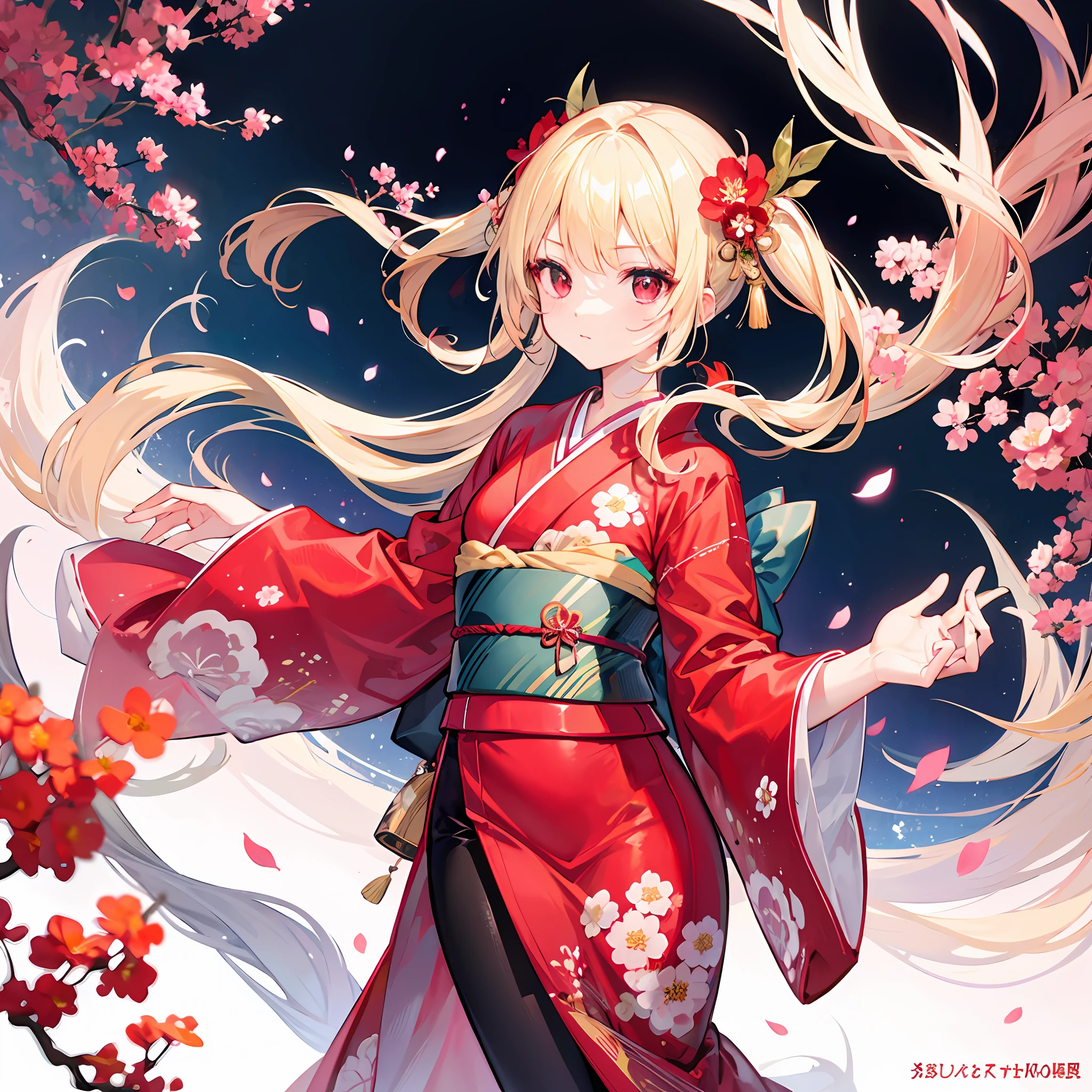 One blonde girl、red eyes、Bright red kimono、Plum Blossom