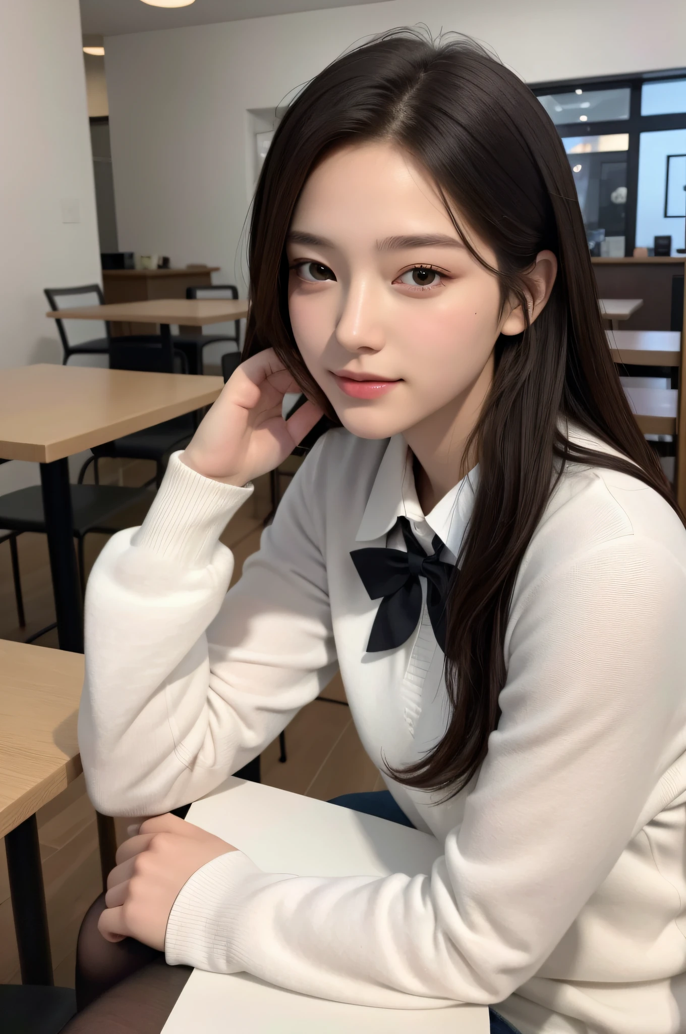 (best qualtiy:1.4), (tmasterpiece:1.4), (A high resolution:1.2), (The is very detailed:1.2), human body ratio,
1girll,18-year-old model,Wear a JK uniform,Black socks,Sit in the café,(Exquisite facial features:1.2),(highdetailskin:1.2),(photograph realistic:1.3),