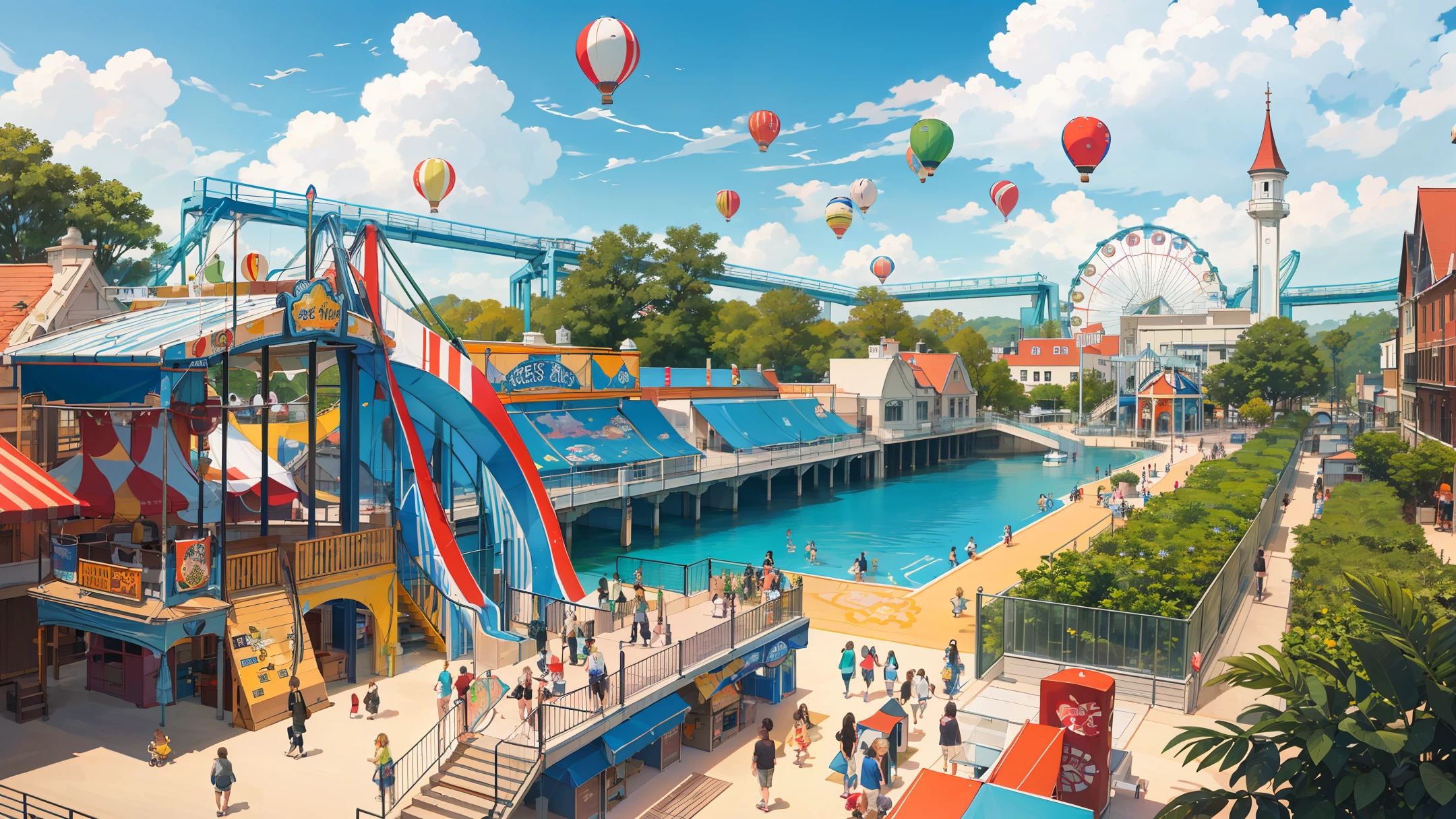 Ferris wheel, roller coaster, carousel, lots of air balloons, playground, seaside, greenery, people come and go, have fun
