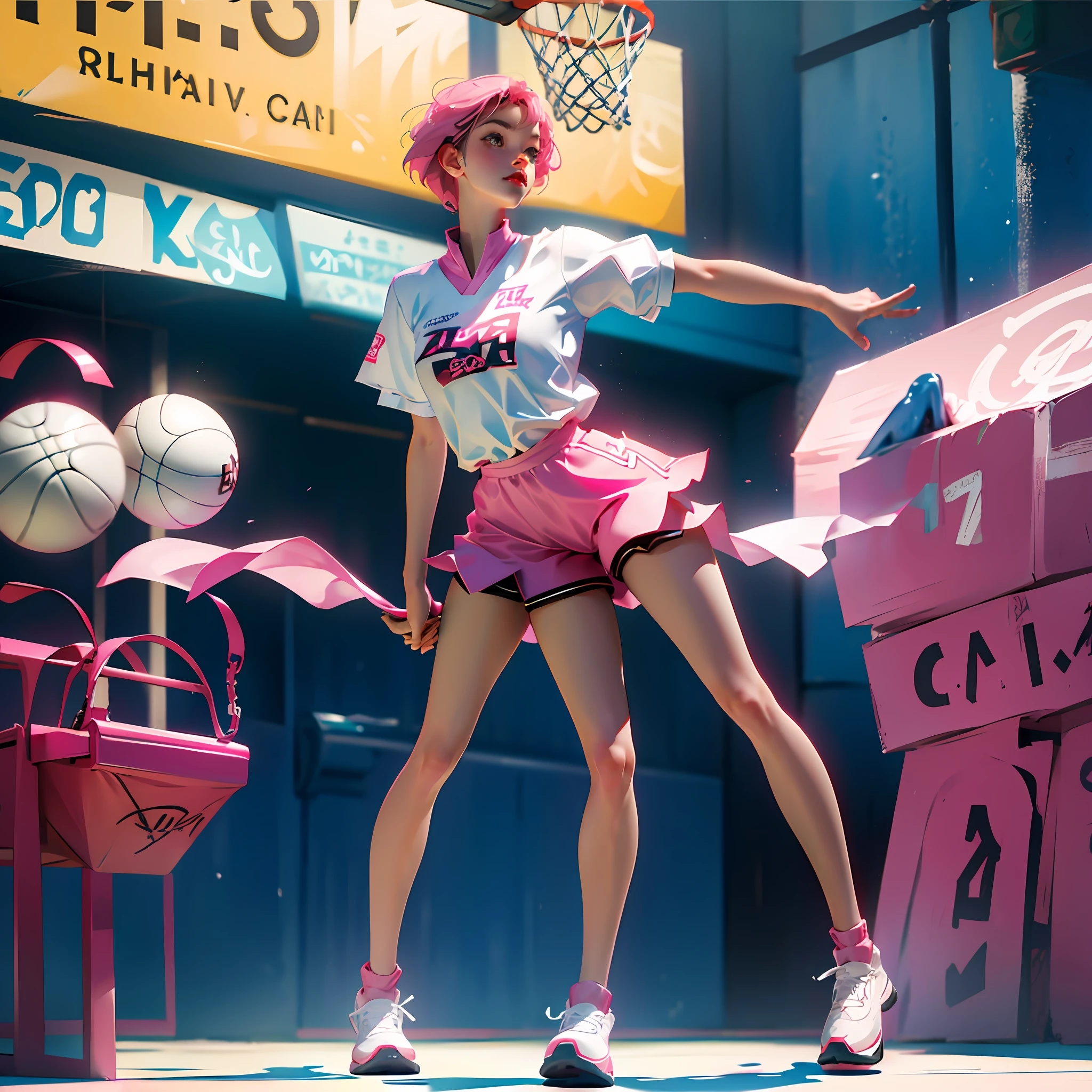 Kizi，pink short hair，Cold white skin，basketball playground，Shooting，k hd --auto