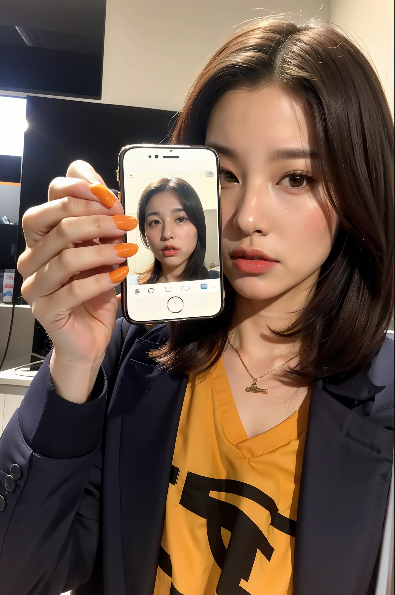 A Korean boy with yellow and orange hair wearing baggy pants taking a picture of himself with iPhone posing for photo shoot , corpo inteiro, corpo inteiro, fundo liso, Jungkook, Jungkook taeyang Jimim 1 menino, 1 homem, homem masculino coreano, homem masculino sozinho coreano sozinho, sozinho, sozinho