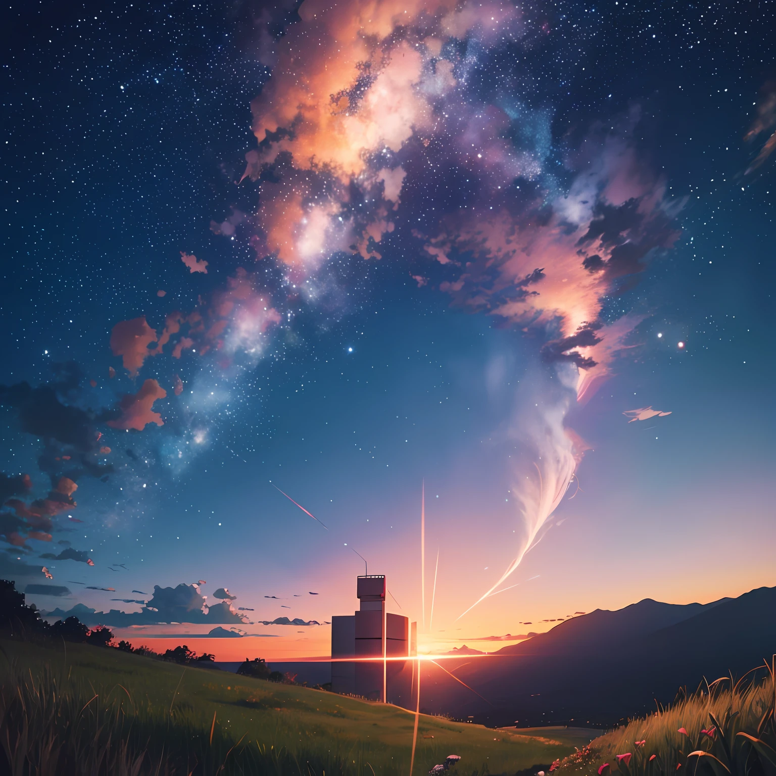 anime landscaping, sky, grass, stars, red, orange, pink, no characters --auto