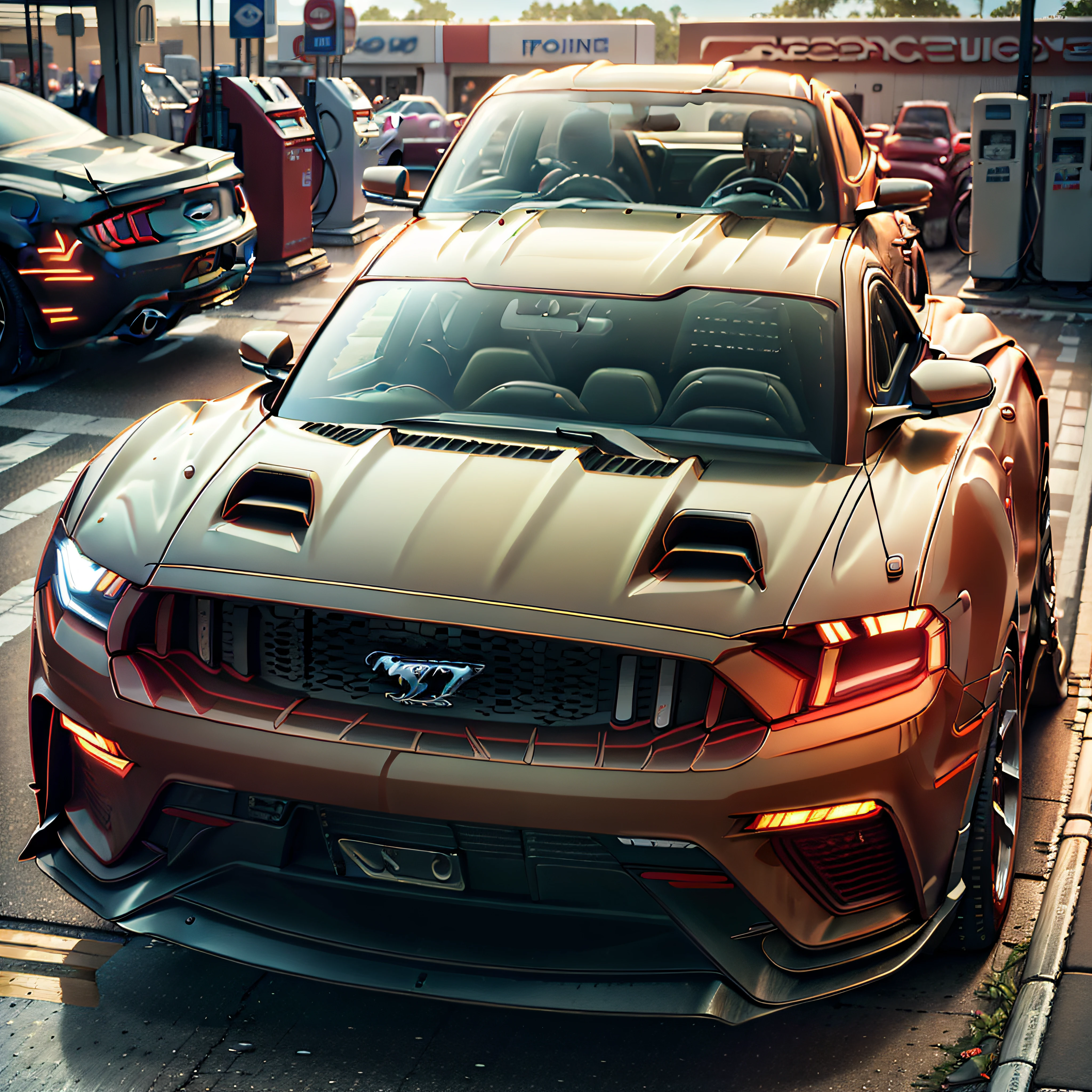 Close-up of a red sports car at a gas station, Ford mustang, Ford, With elements of the Shelby, 3D Rendering », F50, rendu raytracing, Rendu parfait, Hyper realistic rendering, Hyper real rendering, Photorealistic Rendering, Photorealistic Rendering, Red realistic 3D rendering, hyper detailed 3d render, Fully detailed rendering