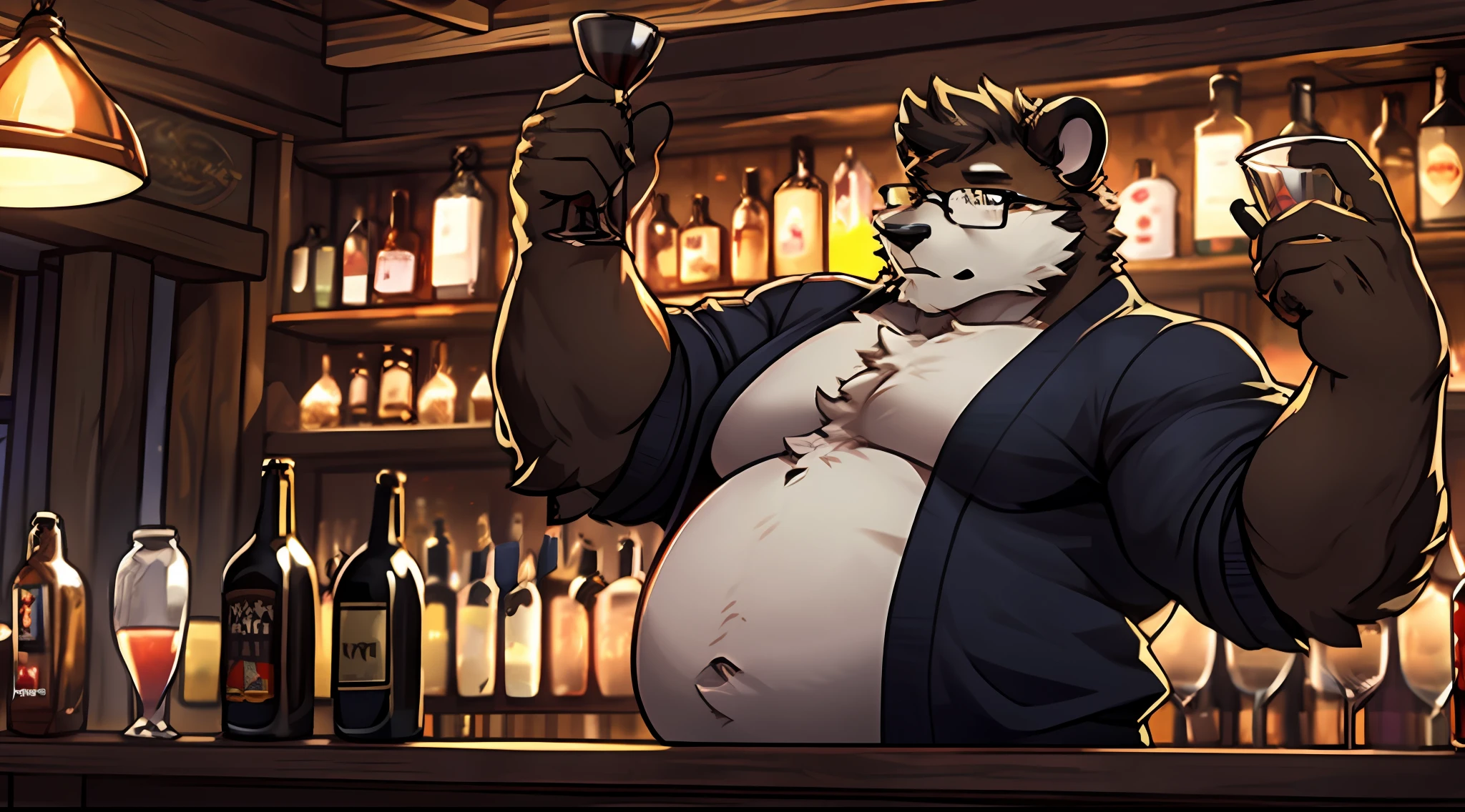 A turtle（pandas），Bartender，Wear glasses，Stout，dressed in（White cardigan），Reveal a hairy fat belly，Perform bartending skills in a tavern，Action close-up，8K，Lots of detail，Warm lighting