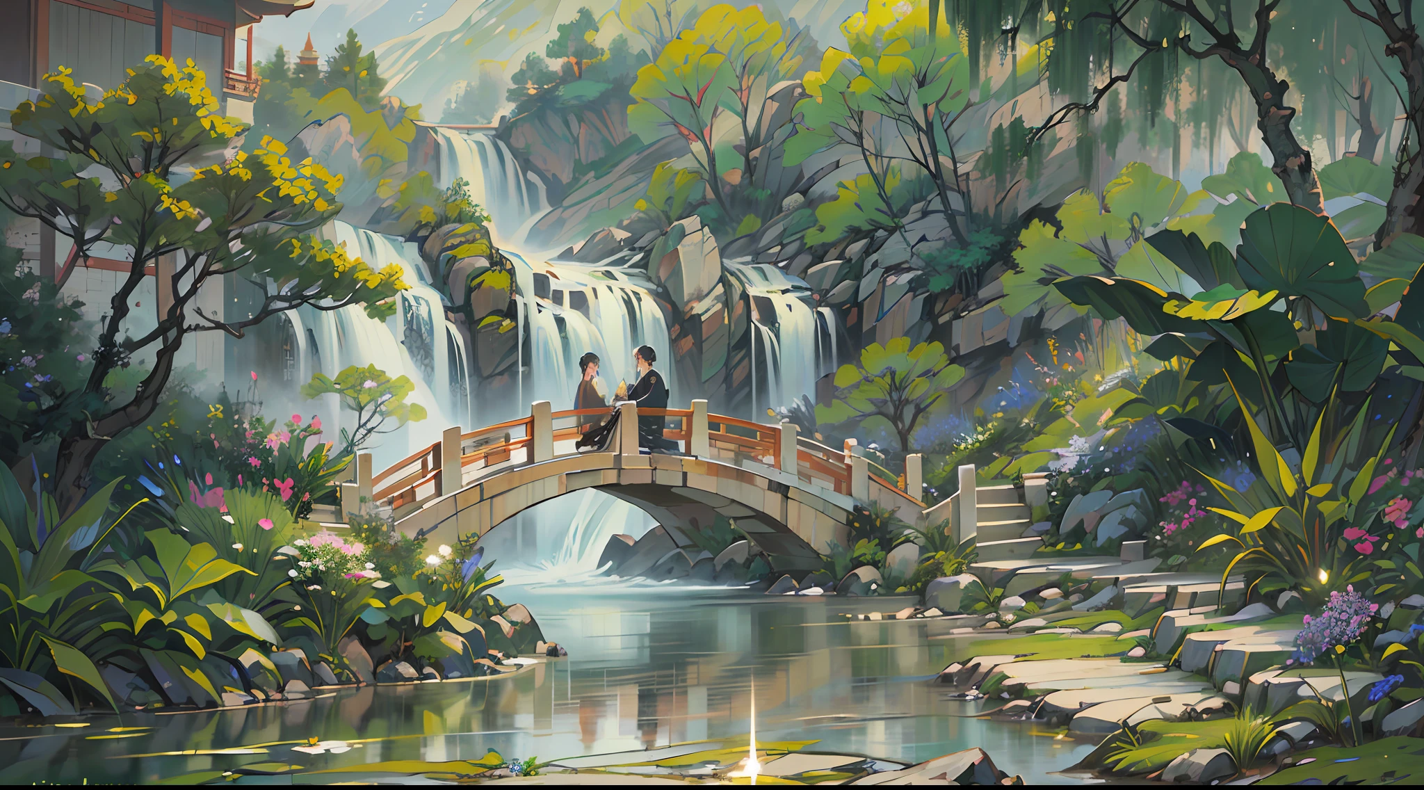 ((Best quality, masterpiece: 1.2)), CG, 8K, intricate details, cinematic perspective, (no one around), (Ancient Chinese garden), pond filled with lotus flowers, rocks, flowers, bamboo forests, waterfalls, wooded areas, small bridges spanning babbling streams, detailed foliage and flowers, (sunlight shining, sparkling waves), peaceful and serene atmosphere, ((soft and elegant colors)), ((exquisitely crafted composition))