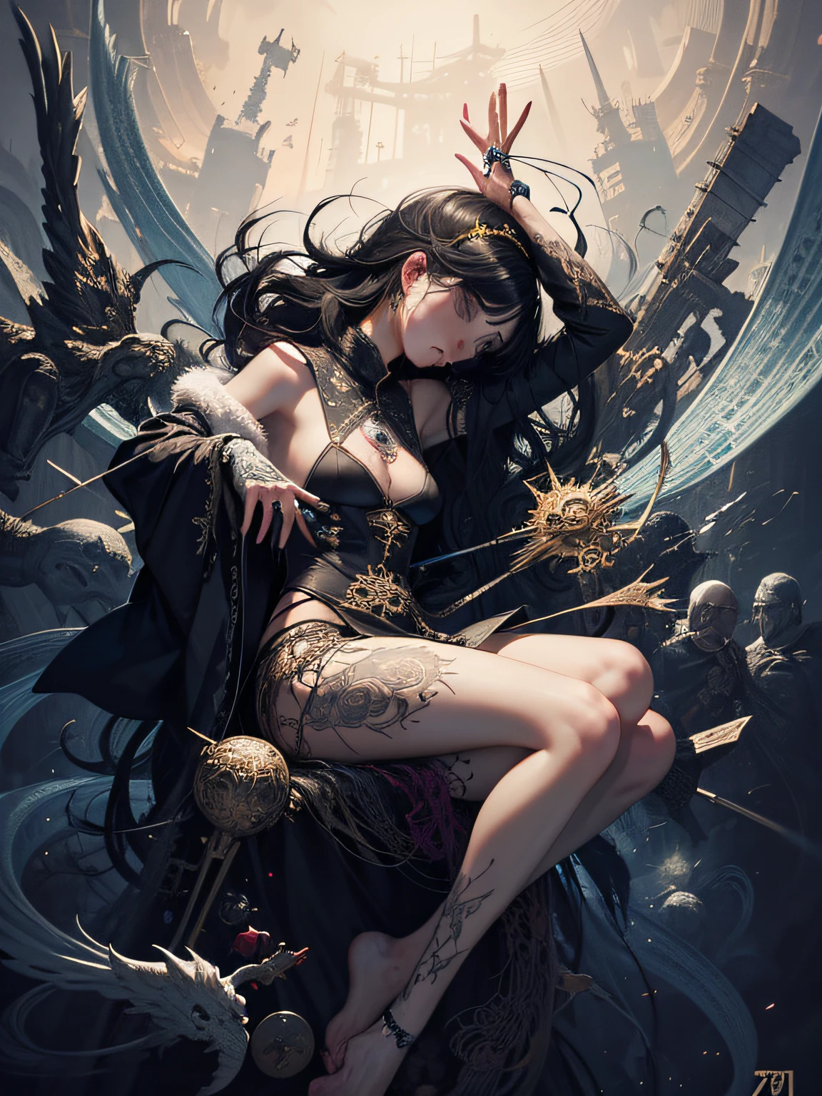 official art, unity 8k wallpaper, ultra detailed, beautiful and aesthetic, masterpiece, best quality, (zentangle, mandala, tangle, entangle), (fractal art:1.3) , 1girl, extremely detailed, dynamic angle, cowboyshot, the most beautiful form of chaos, elegant, a brutalist designed, vivid colours, romanticism, by james jean, roby dwi antono, ross tran, francis bacon, michal mraz, adrian ghenie, petra cortright, gerhard richter, takato yamamoto, ashley wood, atmospheric, ecstasy of musical notes, streaming musical notes visible