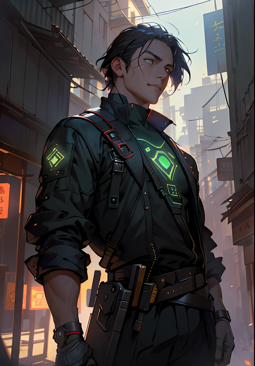 Antonio Moro, Masterpiece, (1 male), (Half-body), tall young man, ((male focus)), Handsome guy, Short blacks, glowing shades of purple and blue, skin with a slight golden hue, bright green eyes, a small scar on his cheek, sparks, Particles, ciberpunk, Man of the Future, olhando_at_Viewer, fortified suit, Small wrist time device, 独奏, Standing, symmetric eyes, small eye shadow, Detailed face and eyes, dinamic lighting, Cinematic lighting, voluminous lighting, extra high resolution, ciberpunk, The city of the future with bright neon lights, Cybernetic landscape, modelshoot style, (extremely detailed CG unity 8k wallpaper), professional majestic oil painting by Ed Blinkey, Atey Ghailan, Studio Ghibli, by Jeremy Mann, Greg Manchess, Trending on ArtStation, trending on CGsociety, Intricate, high detail, sharp-focus, dramatic, photorealistic painting art by midjourney and greg rutkowski.