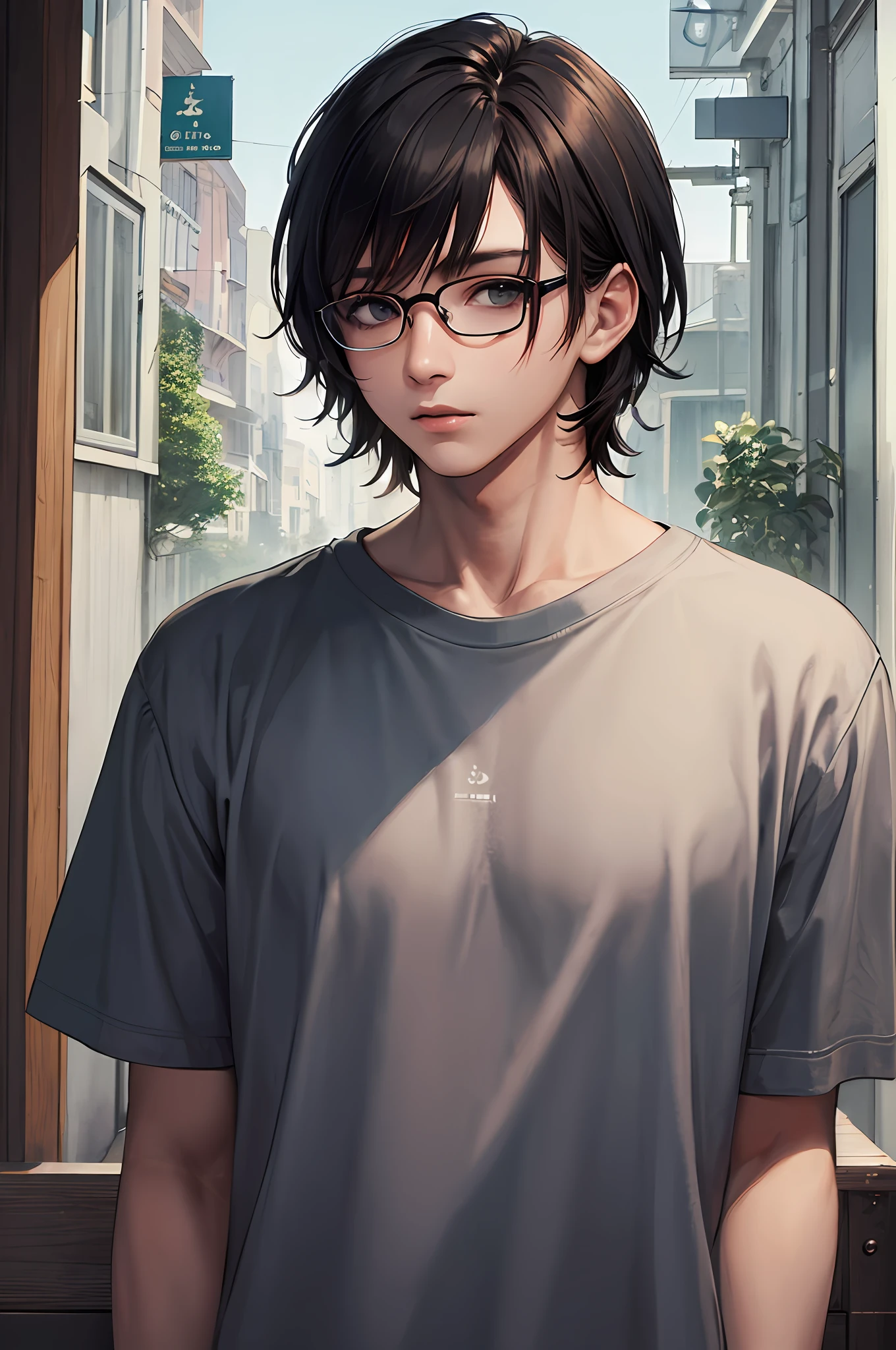 (​masterpiece、top-quality、top-quality、Official art、Beautifully Aesthetic:1.2)、(1 boy:1.3)、eye glass、shortsleeves、tshirts、Plain T-shirt、ighly detailed、highestdetailed、A dark-haired、(shinny skin)、a little muscle