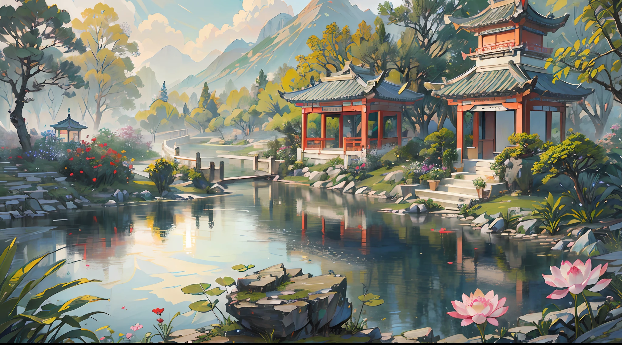 ((Best quality, masterpiece: 1.2)), CG, 8K, intricate details, cinematic perspective, (no one around), (Ancient Chinese garden), pond filled with lotus flowers, rocks, flowers, bamboo forests, waterfalls, wooded areas, small bridges spanning babbling streams, detailed foliage and flowers, (sunlight shining, sparkling waves), peaceful and serene atmosphere, ((soft and elegant colors)), ((exquisitely crafted composition))