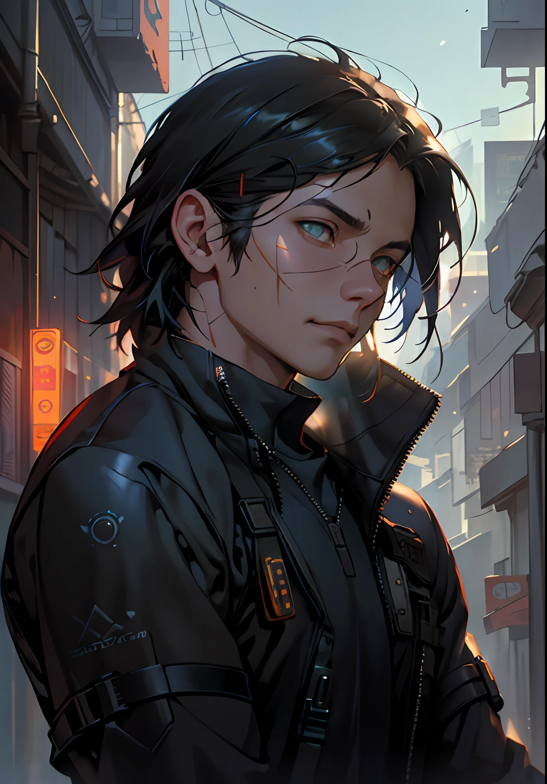 Antonio Moro, masterful, (1 male), (half body), Tall young man, ((Male focus)), Statuesque guy, medium-length black hair, Virtual antennas glowing in shades of violet and blue, half Asian skin tone with a slight golden hue, Bright green eyes, a small scar on the cheek, Sparks, particles, cyberpunk, future human, Looking_at_viewer, Reinforced suit, Small time device on the wrist, solo, standing, symmetrical eyes, subtle eye shadows, detailed face and eyes, Dynamic lighting, cinematic lighting, Volumetric lighting, Ultra high resolution, cyberpunk, Future city with bright neon lights, Cybernetic landscape, Style ModelShoot, (Extremely detailed CG unity 8k wallpapers), professional majestic oil painting by Ed Blinki, Attey Gaillan, Studio Ghibli, Jeremy Mann, Greg Manchess, trending on artstation, trending on CGsociety, intricate, high detail, sharp focus, dramatic, Photorealistic painting from Midjourney and Greg Rutkovsk