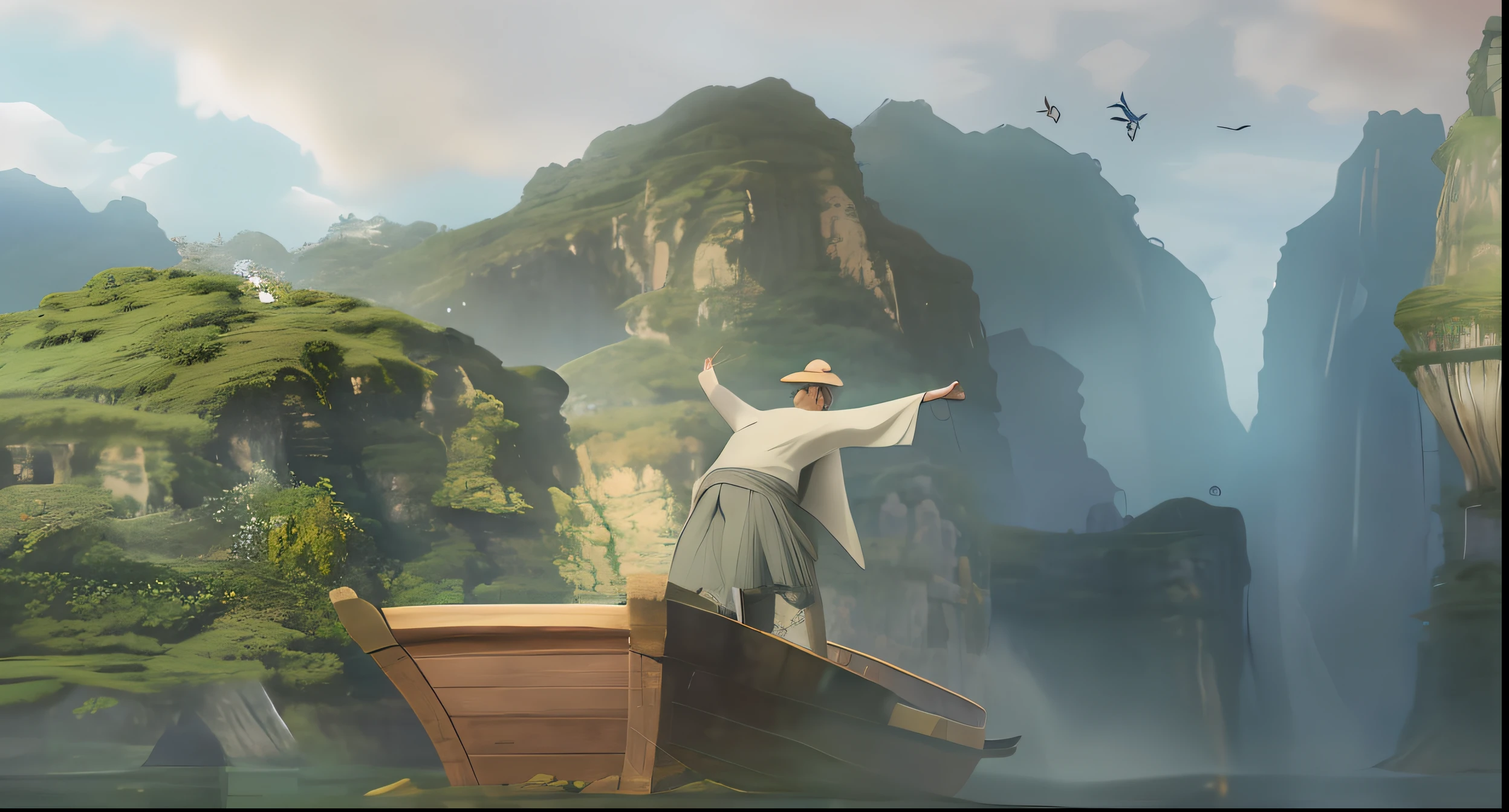 there is a man that is standing on a boat in the water, An old man in ancient Chinese costumes, 3 d render and matte painting, 3d rendered matte painting, animated movie scene, amazing exquisite matte painting, Animated Movies, 3d matte painting, Illustration matte painting, animated movie still, exquisite matte painting, fantasy matte painting, optimistic matte painting