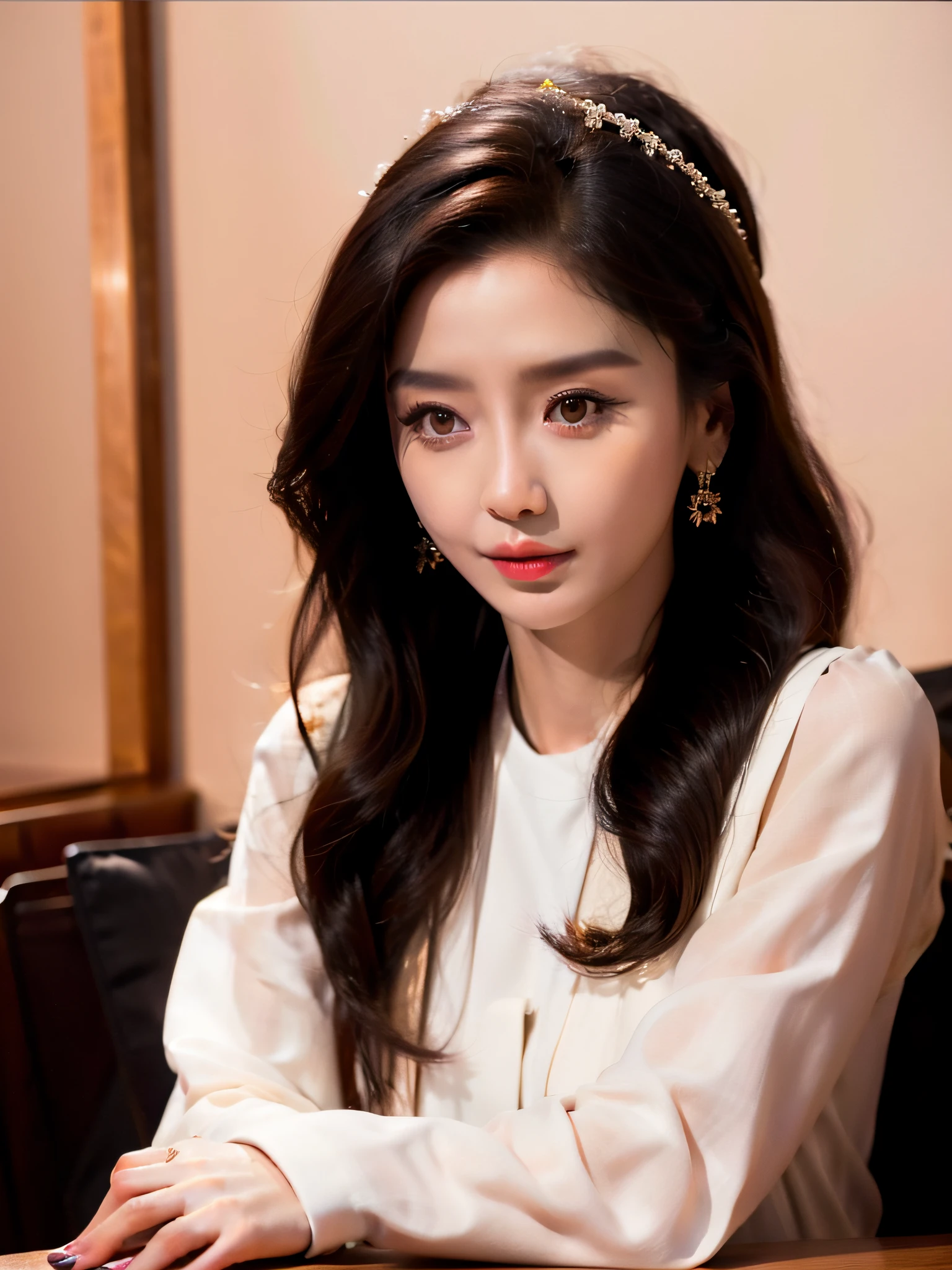 A long-haired Arapefi woman wearing a headdress sat at a table, Gorgeous young Korean woman, Beautiful young Korean woman, beautiful Korean women, wan adorable korean face, Popular Korean makeup, Shin Jinying, Fan Bingbing, young lovely Korean faces, portrait of female korean idol, Korean girl, Popular Korean makeup, Choi Hyun-hwa, cute korean actress