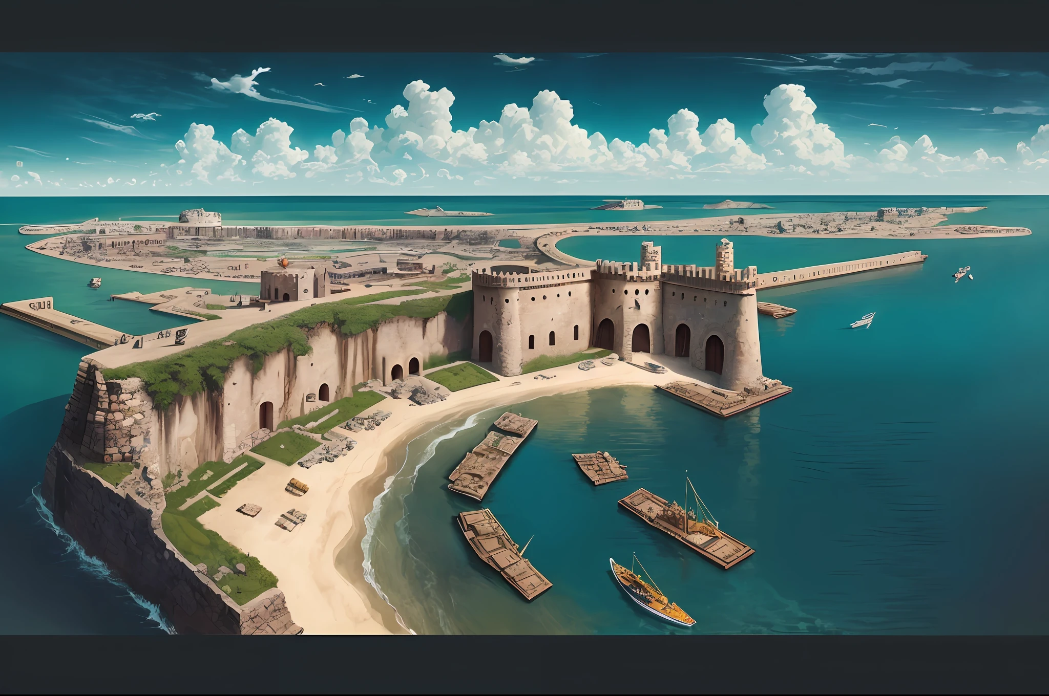 aerial view of a fort, solid construction and strategically located facing the sea, with watchtowers, bridges, moats and defensive system, cannons pointing, some soldiers, cinematographic lighting, surreal, by salvador dali, marco mazzoni, Ian McQue 4 k hd , hq, --auto --s2