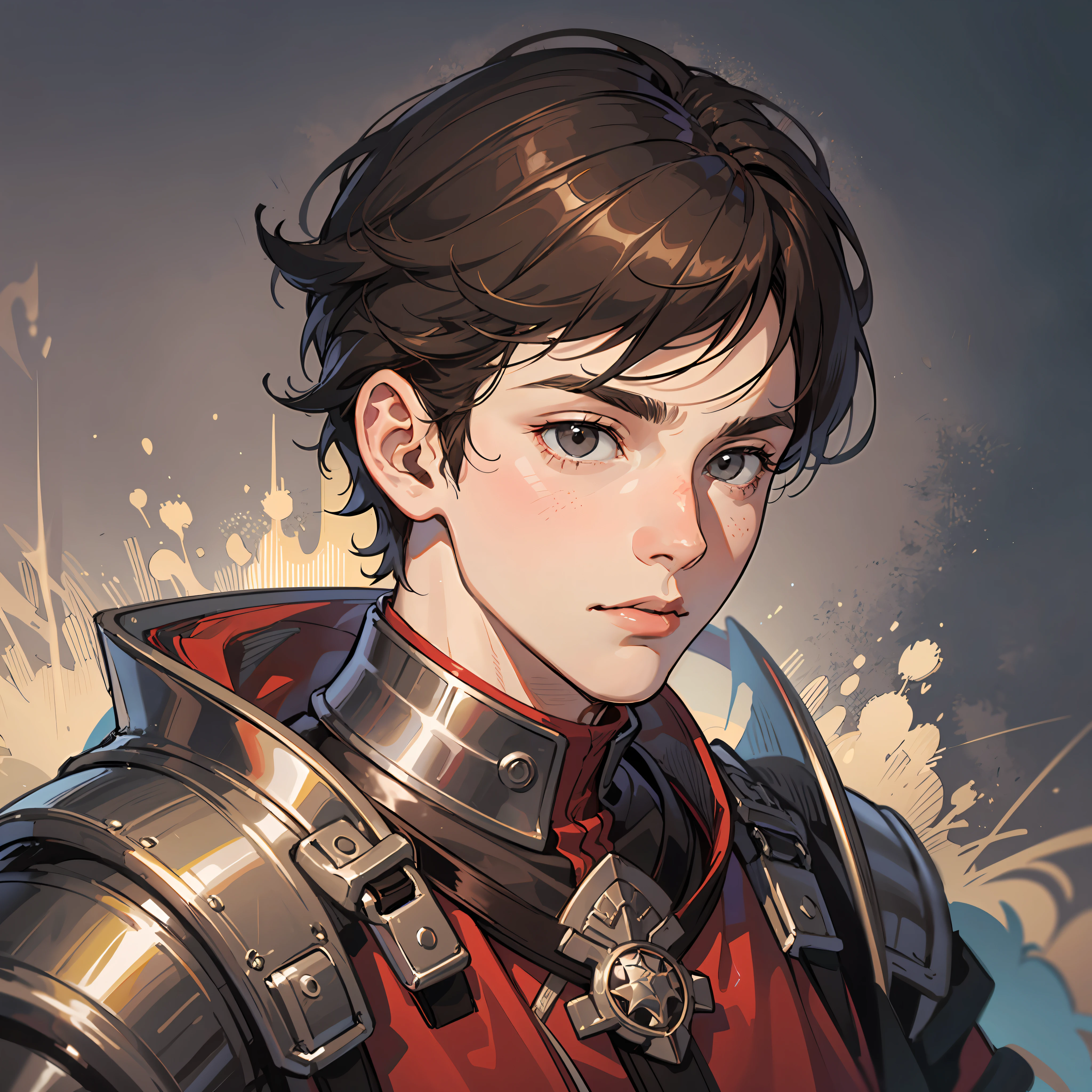 a 17-year-old teenage boy, 1 boy, brown short hair, brown short hair parted in the middle, man's short hair, without a beard, without a goatee, no facial hair, silver medieval knight armor, red clothes, war, battlefield