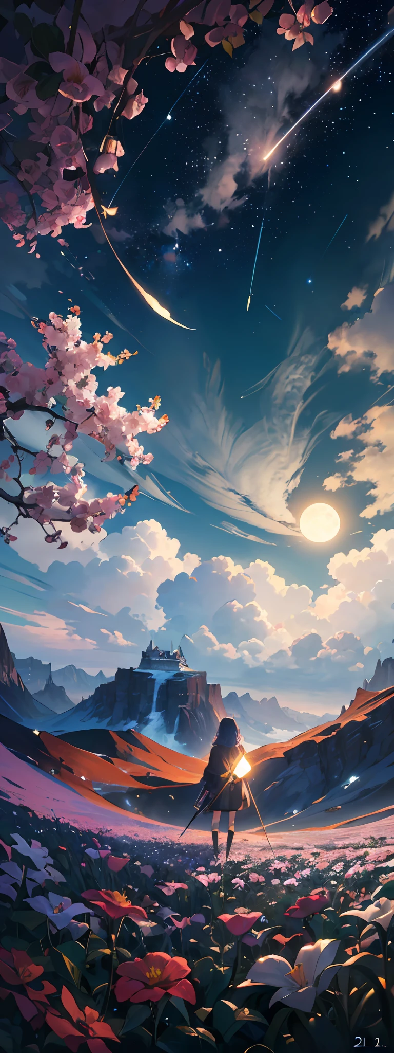 Expansive landscape photograph, (view from below with a view of the sky and wilderness below), standing in a flower field looking up, (full moon: 1.2), (shooting star: 0.9), (nebula: 1.3), distant mountain, tree break production art, (warm light source: 1.2), (firefly: 1.2), lamp, purple and orange, intricate detail, volume lighting, realism break (masterpiece: 1.2) (Best Quality), 4K, Ultra-Detailed, (Dynamic Configuration: 1.4), Highly Detailed and Colorful Details, (Iridescent Colors: 1.2), (Glowing Lighting, Atmospheric Lighting), Dreamy, Magical, (Solo: 1.2)