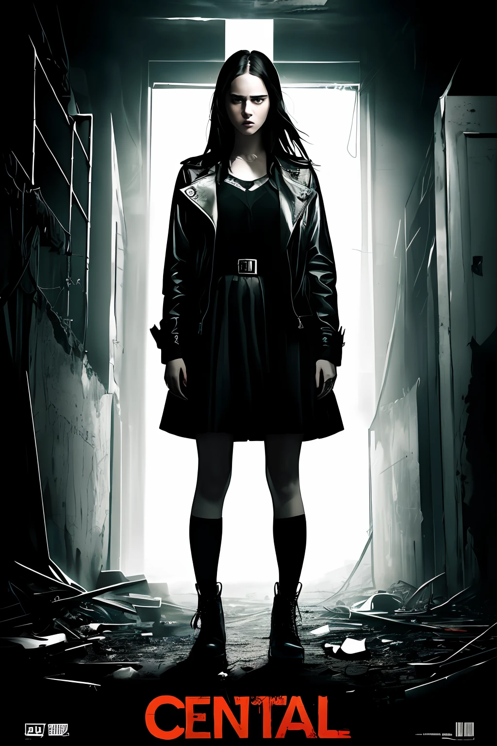 ((((dramatic))), (((gritty))), (((intense))) film poster featuring a young woman as the central character. She stands confidently in the center of the poster, wearing a stylish and edgy outfit, with a determined expression on her face. The background is da...