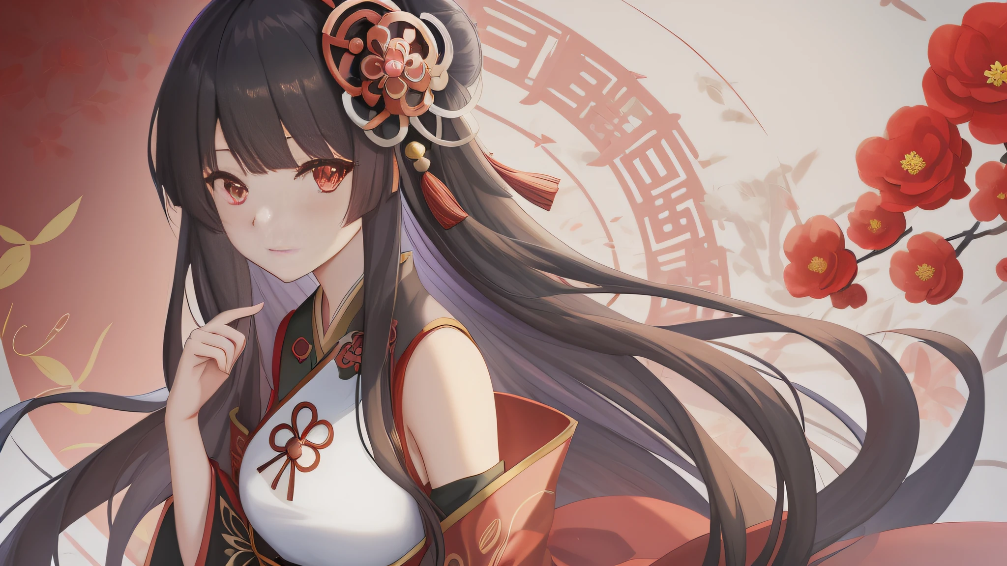 Anime girl with long black hair and red flowers in her hair, onmyoji portrait, Onmyoji detailed art, Palace , A girl in Hanfu, Anime art wallpaper 8 K, zerochan art, onmyoji, Anime art wallpaper 4k, Anime art wallpaper 4 K, Guviz, Guviz-style artwork, author:Shitao