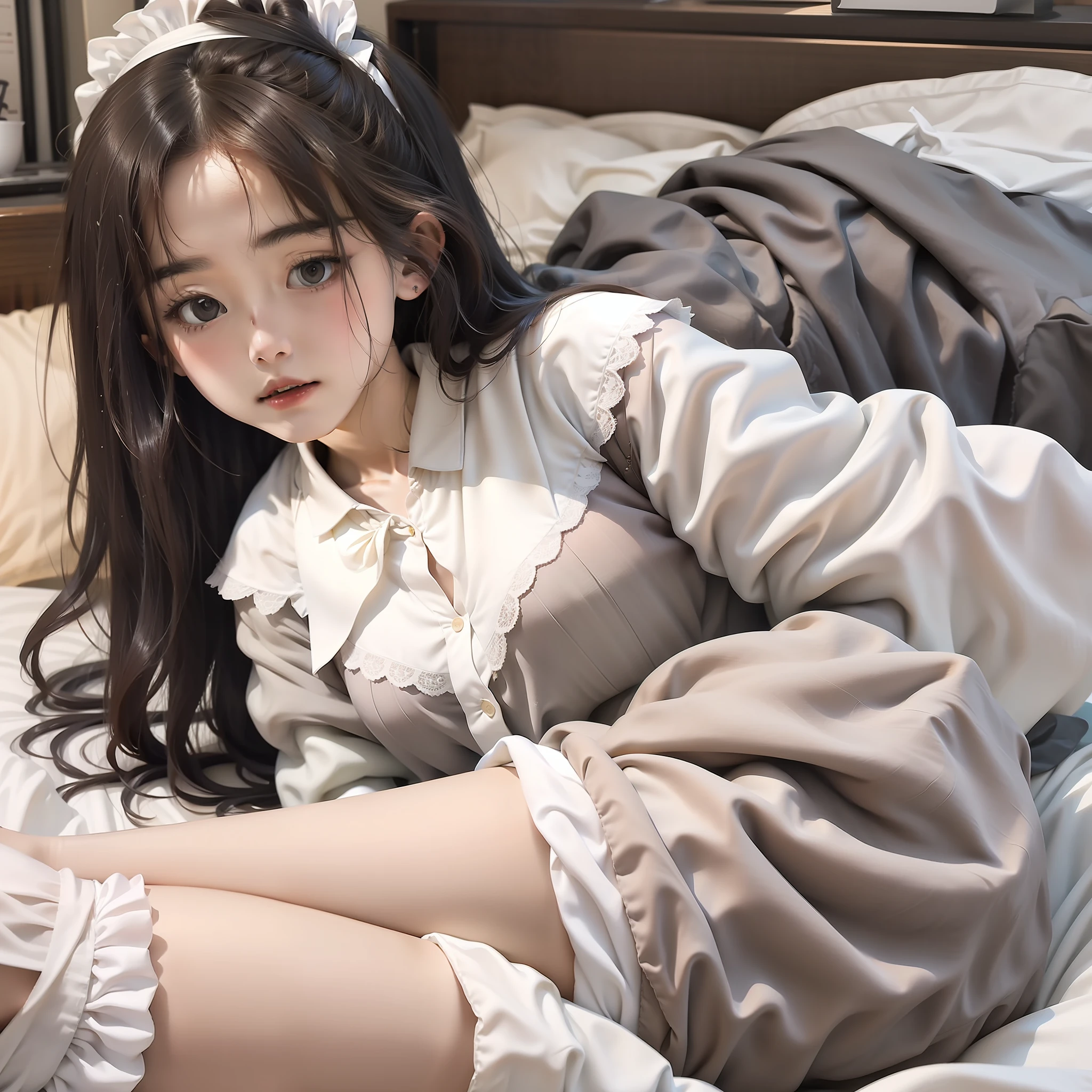 A girl of about lies in bed at home,Wearing white silk,pleatedskirt,White color blouse