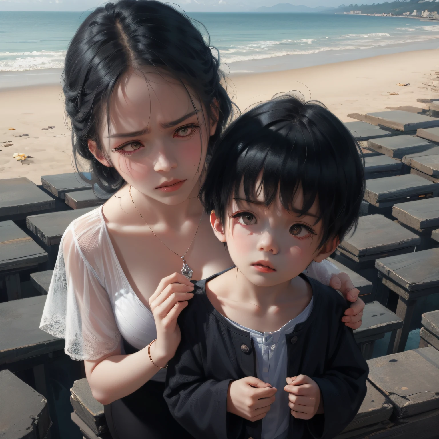 ********** holding camellia handsome, real person, black hair, seaside, melancholy eyes --auto