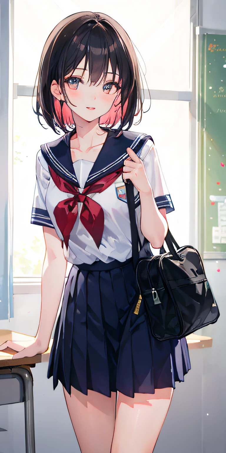 1girl, parted lips, blush, makeup, light smile, school uniform, classroom, school bag, light rays, glow, thighs, collarbone, narrow waist, (masterpiece), wallpaper,