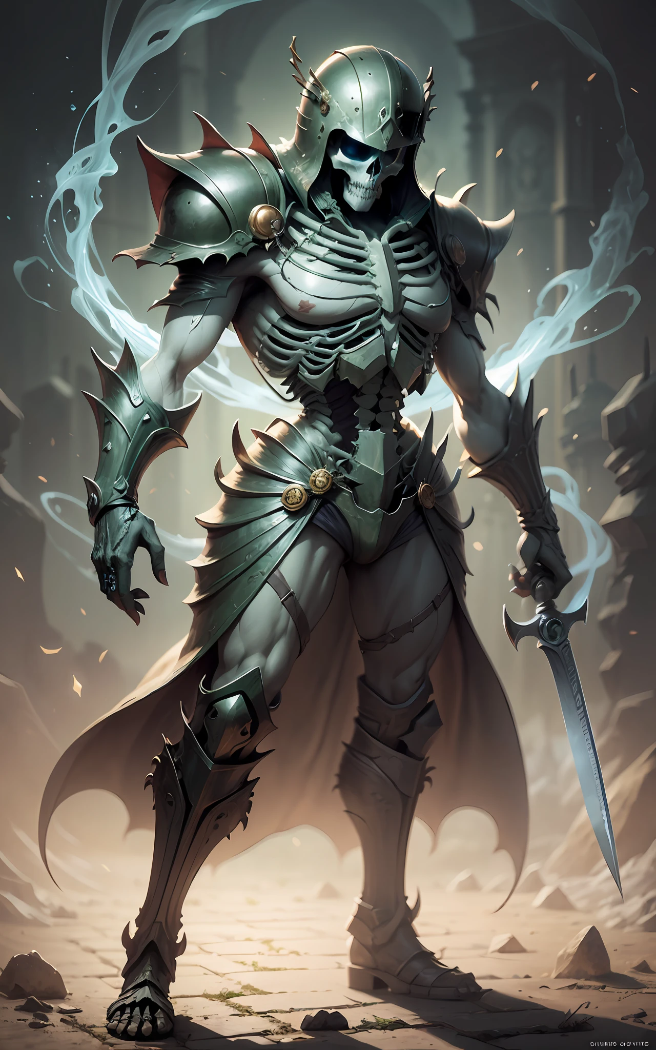 A skeleton, wearing a helmet, holding a blade, fullbody shot, dim light, edge light, green light from eye, magic the gathering, by john avon.