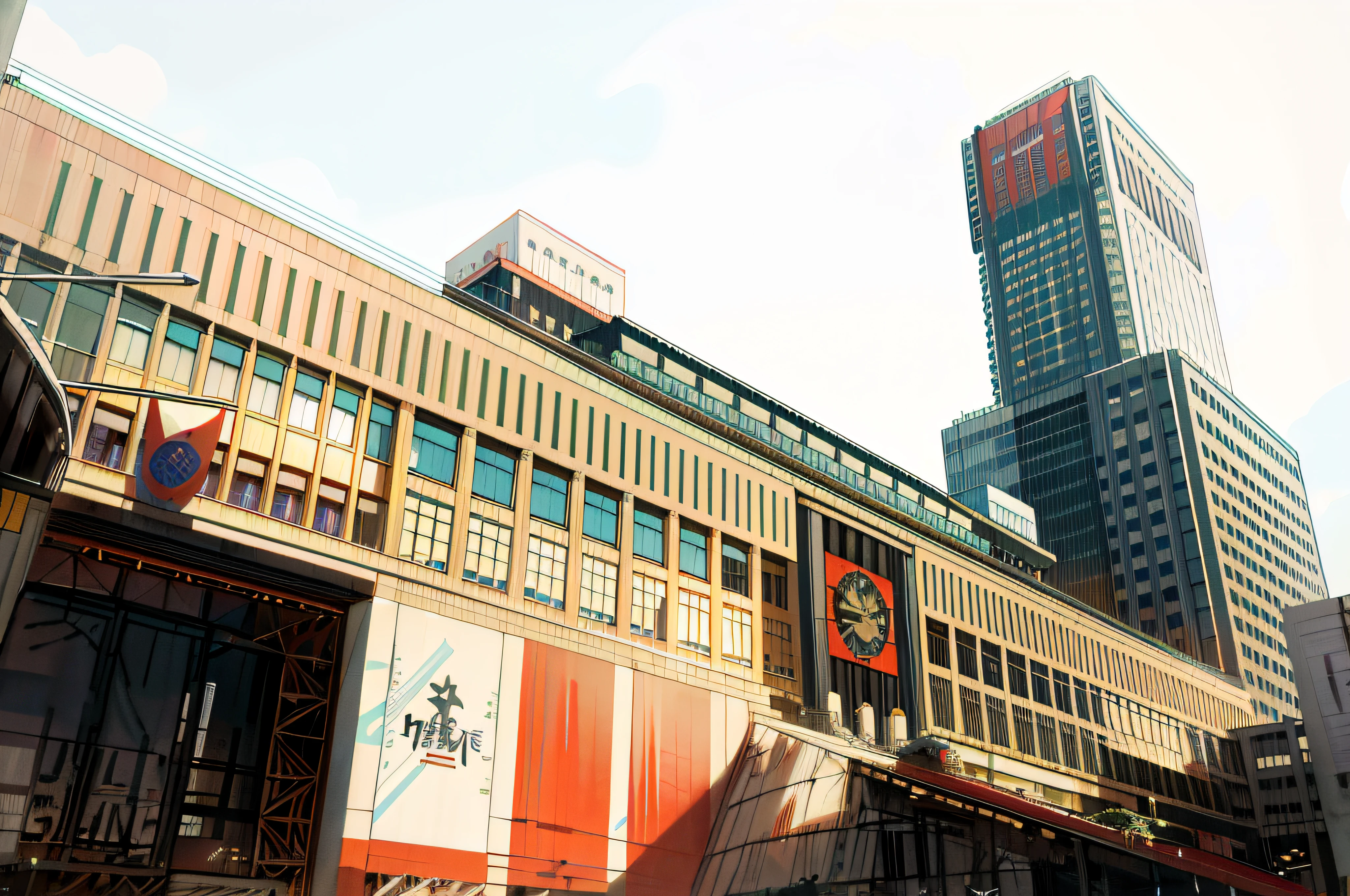 There is a big building.、There is a clock on the front, arasaka, central hub, from street level, tokyo prefecture, Neo Tokyo Sauce, in neo tokyo, bright sunny day, front facing, epic buildings in the center, full - view, exterior shot, (neotokyo), japanese downtown, beautiful sunny day, Shibuya, News Photos