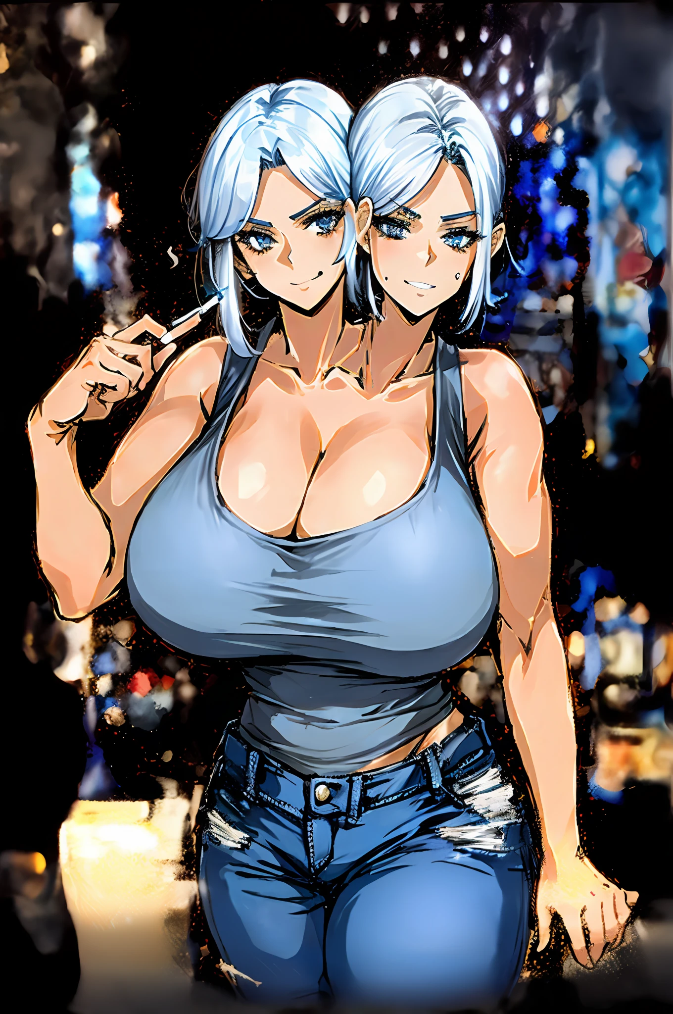 2heads, a thin woman with 2 heads. She has gigantic breasts. Her breasts are very round. She is wearing tight-fitting tank top. She is wearing loose jeans. She is outdoors on a city street at night. She looks drunk. She is smoking a cigarette. She has massive round breasts.