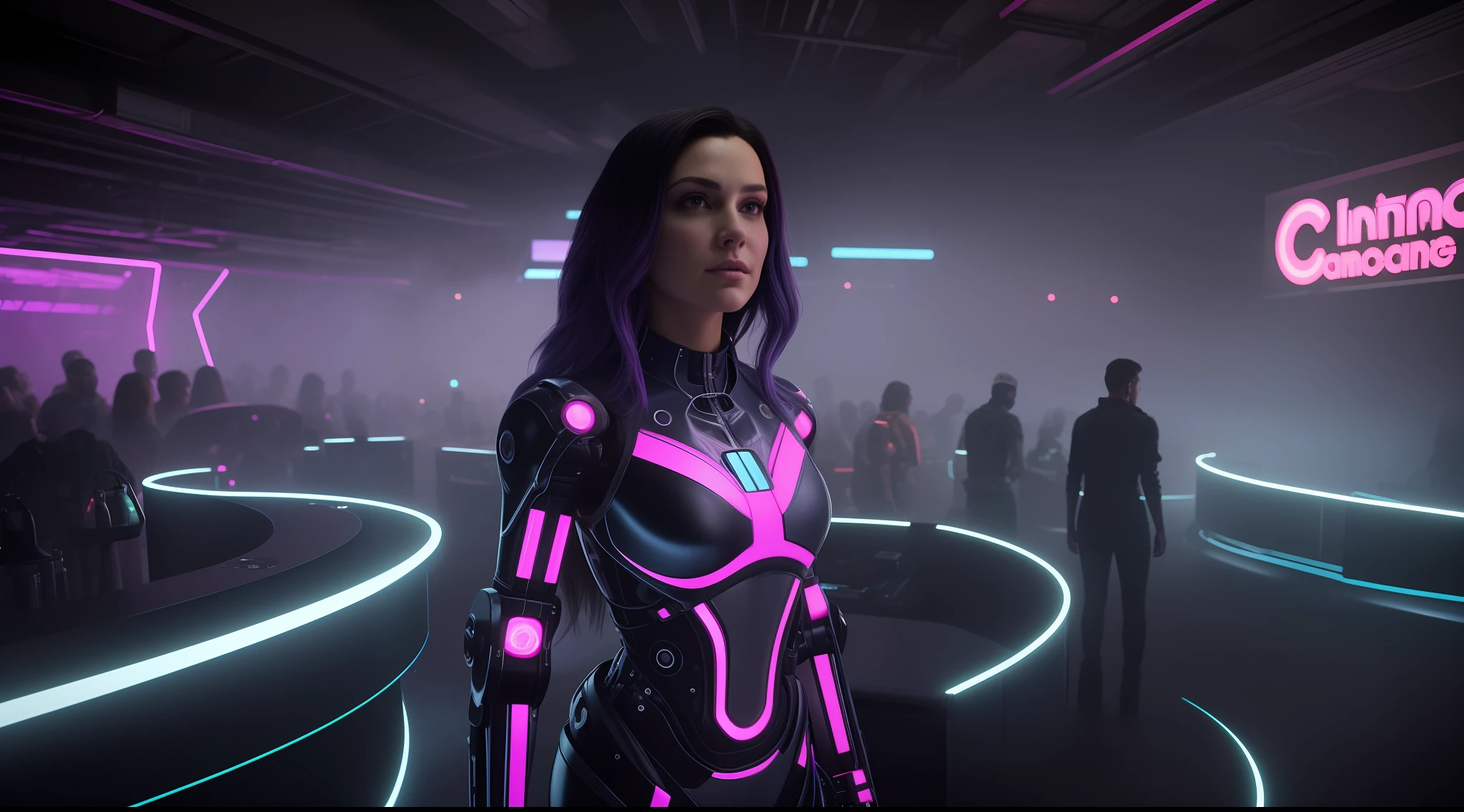 An extraordinarily beautiful woman is in a cyberpunk nightclub. She's shrouded in a haze of smoke and multicolored strobe lights. Her holographic suit changes color and pattern as she moves, emitting an energetic vibration. Her hair is adorned with futuristic accessories and shiny strands, who react to the rhythm of the pulsating music. She's surrounded by people dancing., each of them with a unique appearance and characterized by cybernetic modifications. The atmosphere is electric, and the woman radiates an aura of confidence and power, Cyberpunk aesthetics, foco nítido, Studio photo, detalhes intrincados, altamente detalhado, profundidade de campo, foco nítido, High detail, textura de pele realista, Realistic, fotorrealista, Arte Digital, tinta escura, Directed by: Greg Rutkowski