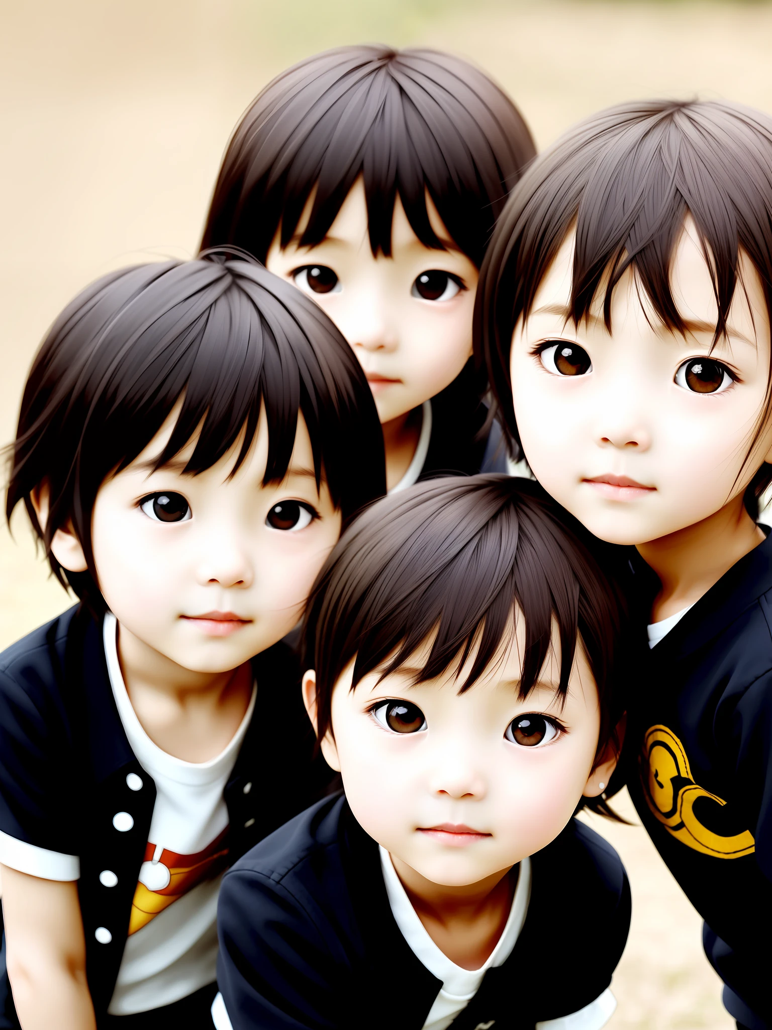 children's，with a round face，largeeyes，short detailed hair，Black clothes
