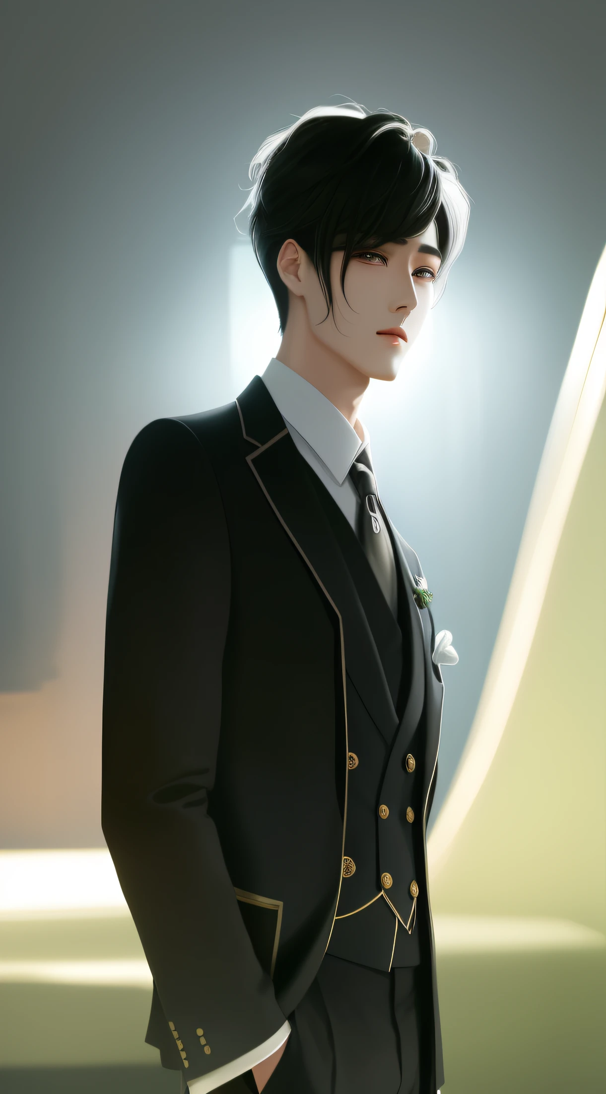 there is a man in a suit and tie standing in a room, Delicate androgynous prince, Beautiful androgynous prince, wearing a black noble suit,(In black suit), Cai Xukun, Inspired by Zhang Han, Inspired by Bian Shoumin, Smooth anime CG art, inspired by Yanjun Cheng, inspired by Yeong-Hao Han, Handsome anime pose
