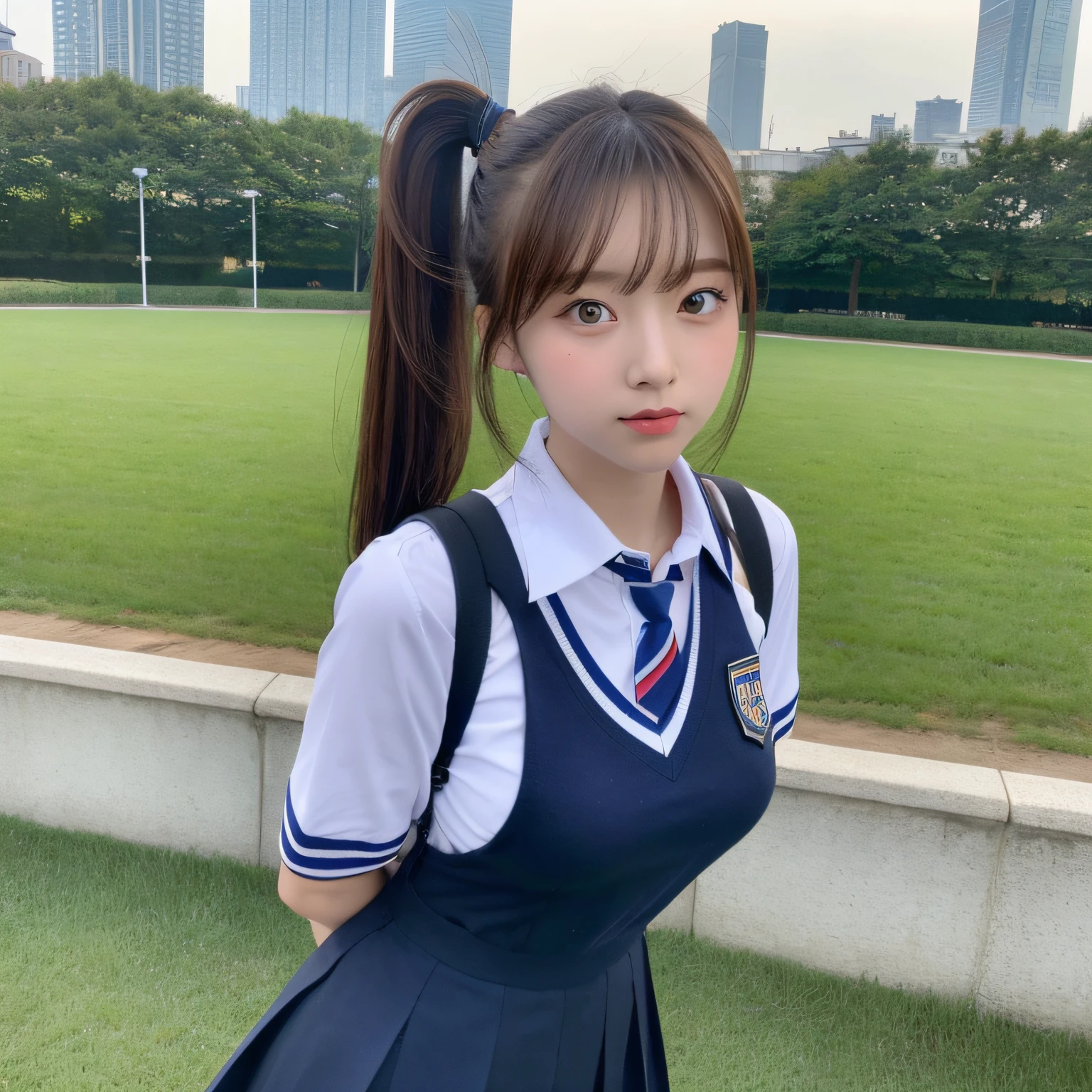 brunette,A high school girl,k hd,photore,Lovely,Big eyes,Bigchest,Wear a student uniform,The background is Taipei 101.Double ponytail,Full body photo, --auto