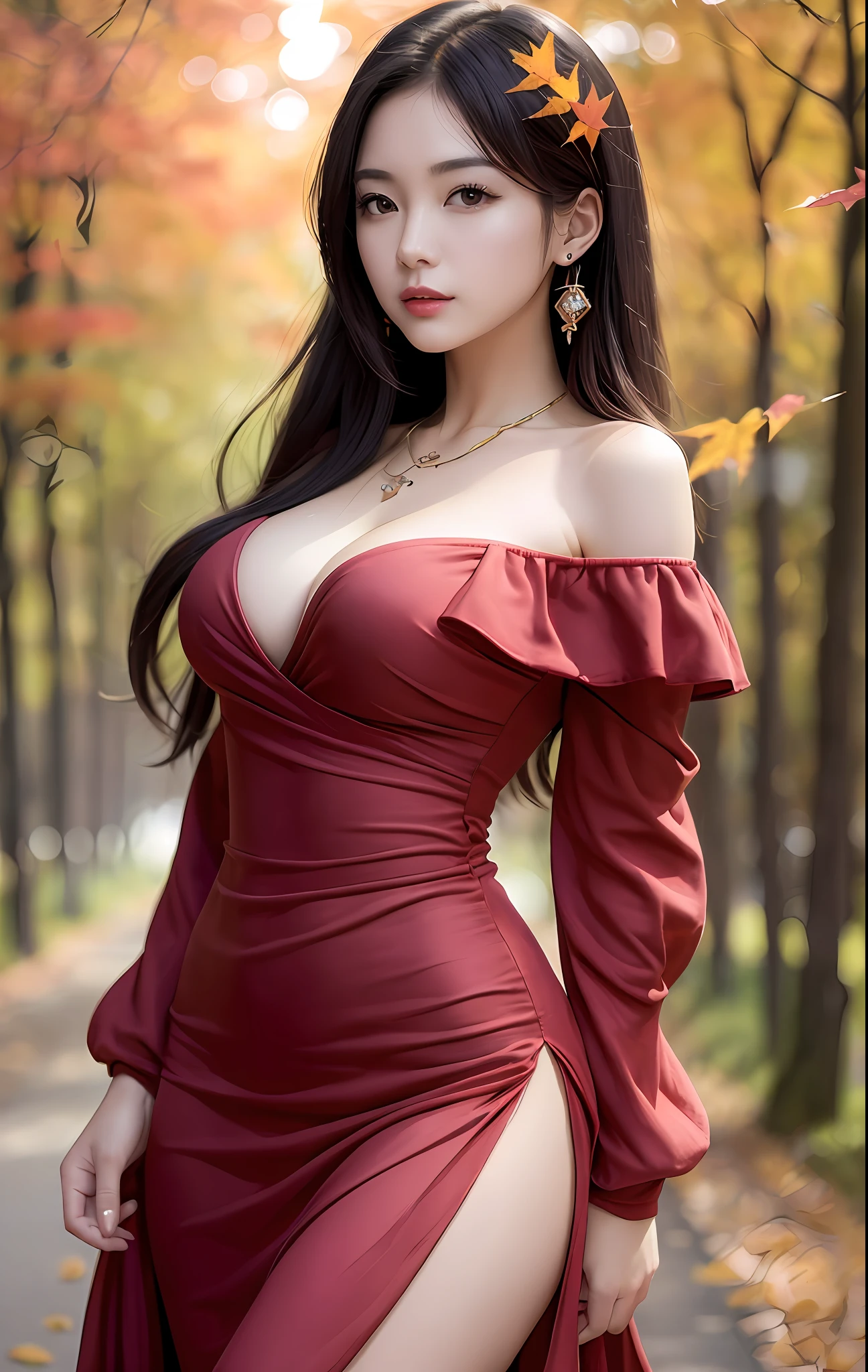 Beautuful Women、(top-quality、in 8K、32K、​masterpiece、nffsw:1.3)、(Photorealsitic:1.4)、realisitic:1.2、Detailed skin、elegant pose、Sunglare、lensflare、Detailed shading by sunlight、depth of fields、blurry backround、(Dark Red Off-Shoulder Dress)、
kyoto、jpn、((autumn day))、Rows of autumn leaves、ear ornament、lady's、a necklace、(A sexy:1.2)、breastsout、