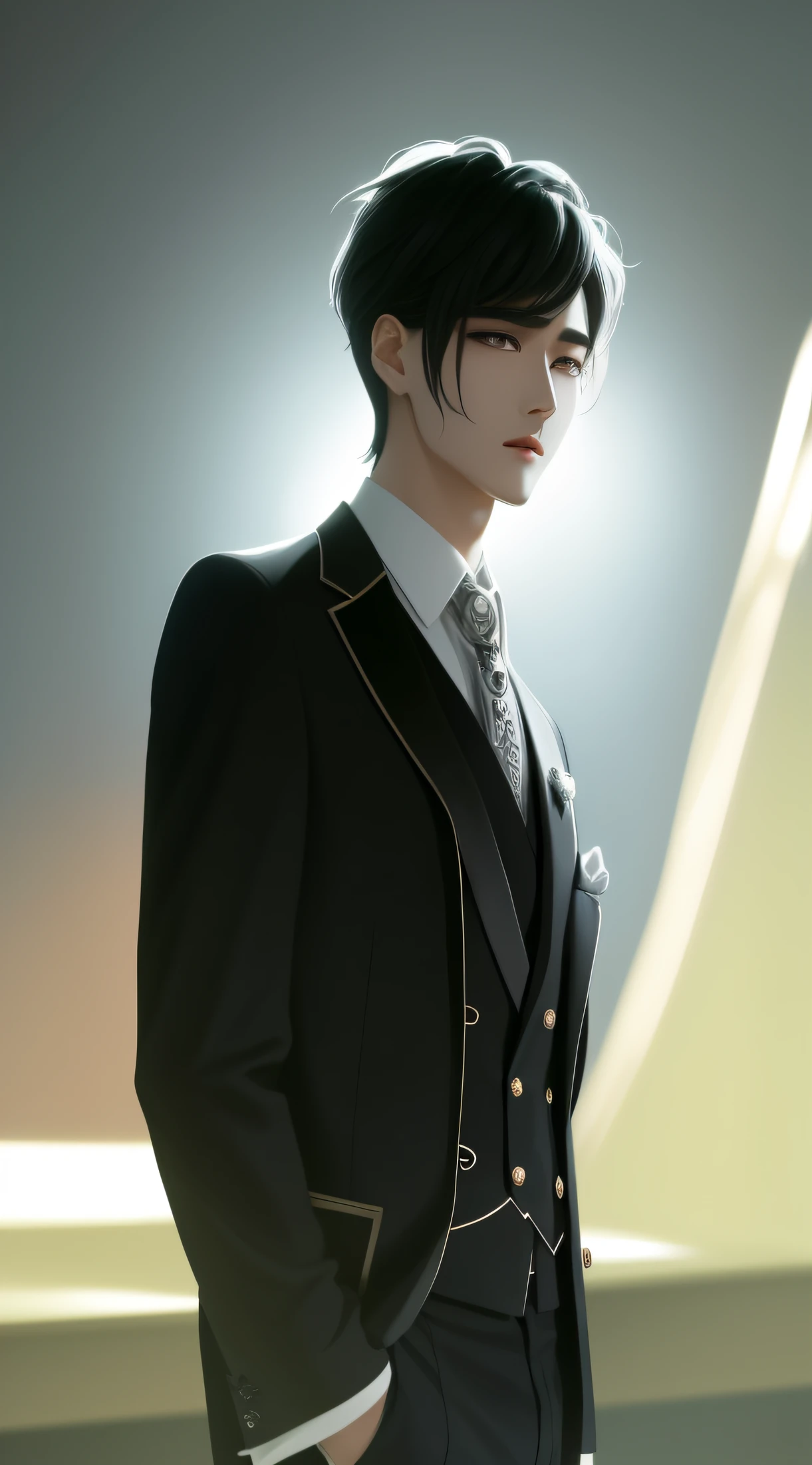 there is a man in a suit and tie standing in a room, Delicate androgynous prince, Beautiful androgynous prince, wearing a black noble suit，（In black suit）, Cai Xukun, Inspired by Zhang Han, Inspired by Bian Shoumin, Smooth anime CG art, inspired by Yanjun Cheng, inspired by Yeong-Hao Han, Handsome anime pose