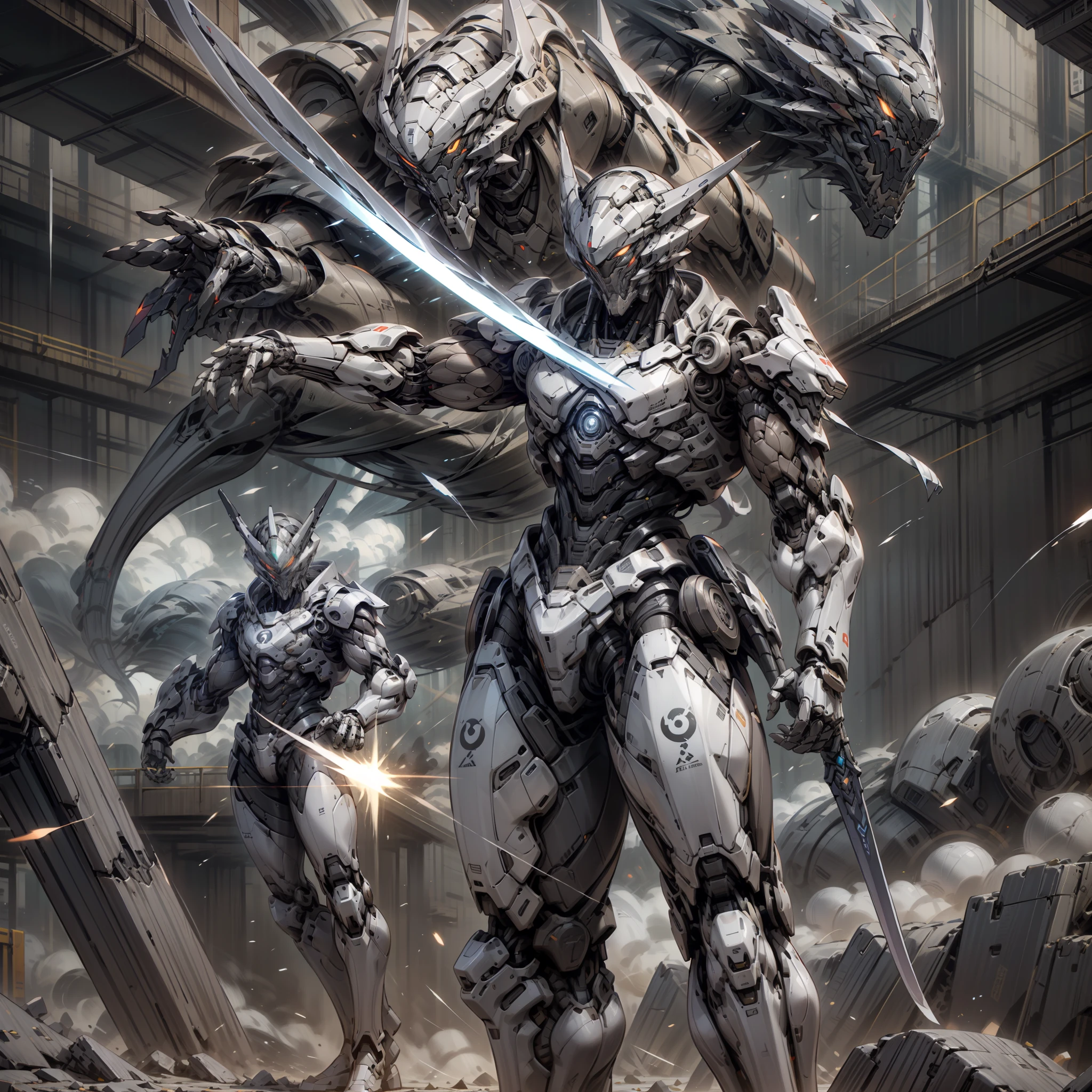 Tall mech,Silver-white body,Black and white,Use the plasma sword,There is a dragon particle effect,Yin and Yang gossip,Formation,mechanical sense,sense of strength,Sense of space,combats,cyber punk perssonage,Human body modification,Structurally sound,Battle instant,high-quality face,4K,High quality,Masterpieces