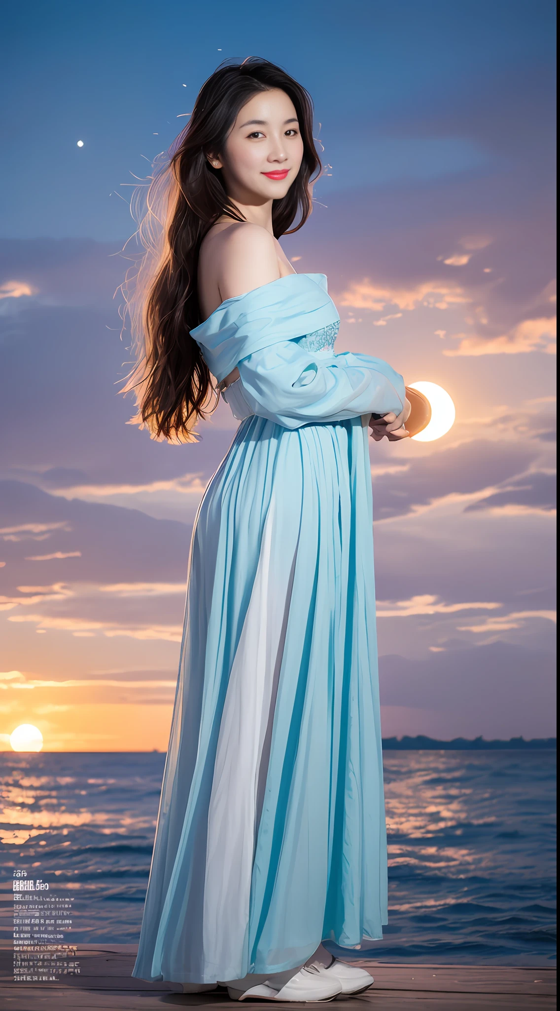 1girll, Smile, light in face,A bunny girl, (Bunny ears:0.8), Hanfu, Off_Shoulder, Dancing, Long_Shot, (Clouds, Chinese White_Temp, super moon), moon landing, Hyperrealistic,4K,Photography,magazine photoshoot,hyper-high detail, (Abstract art:1.4), Professional lighting, 巨作, Best quality, 超高分辨率, Beautiful, Long_Hair, Disheveled hair,Hanfu,(Chinese Mike_White theme), (Clouds, Wind, full moon, Flowers), moon landing, (full body:0.8) Moyou,Hanfu,Moyou
