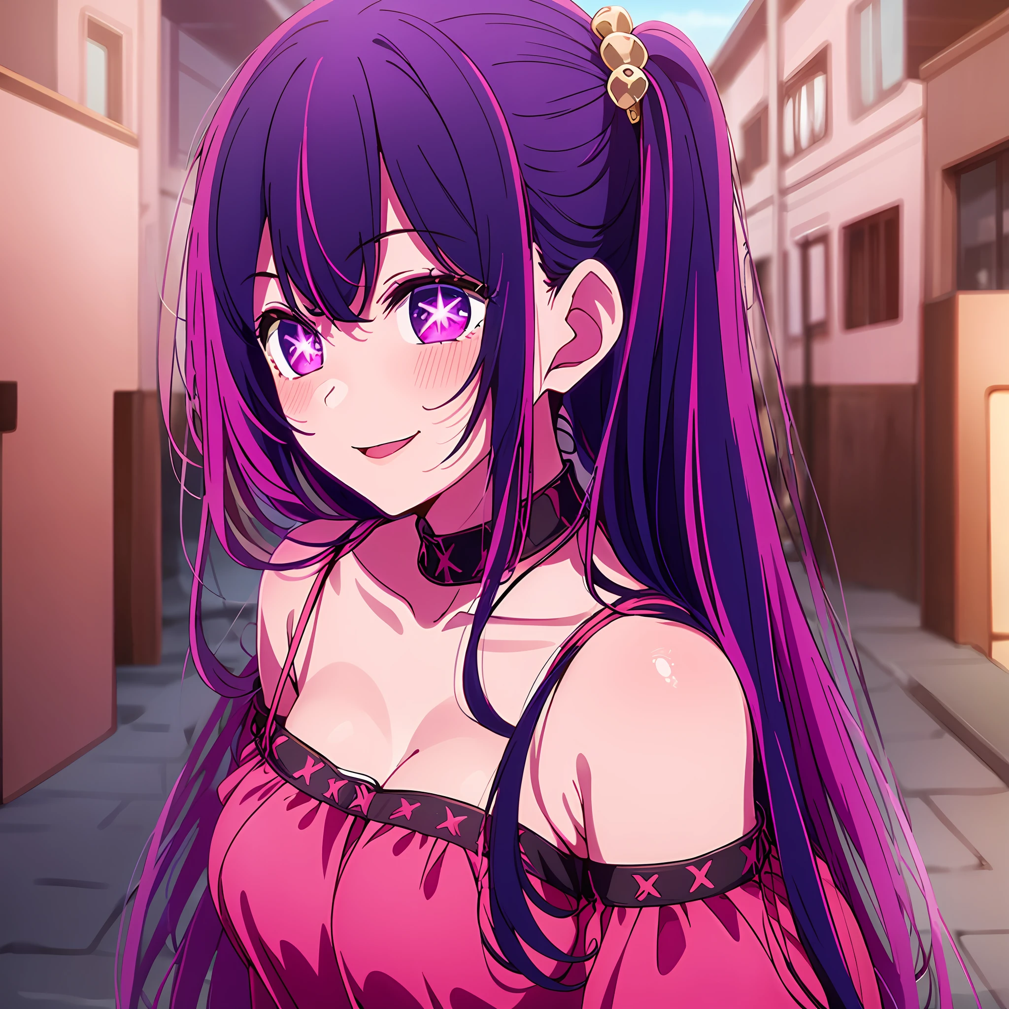 masterpiece、ighly detailed、(1 girl in:1.2)、purple color hair、pink dress、big eye、a closeup、a smile、8K