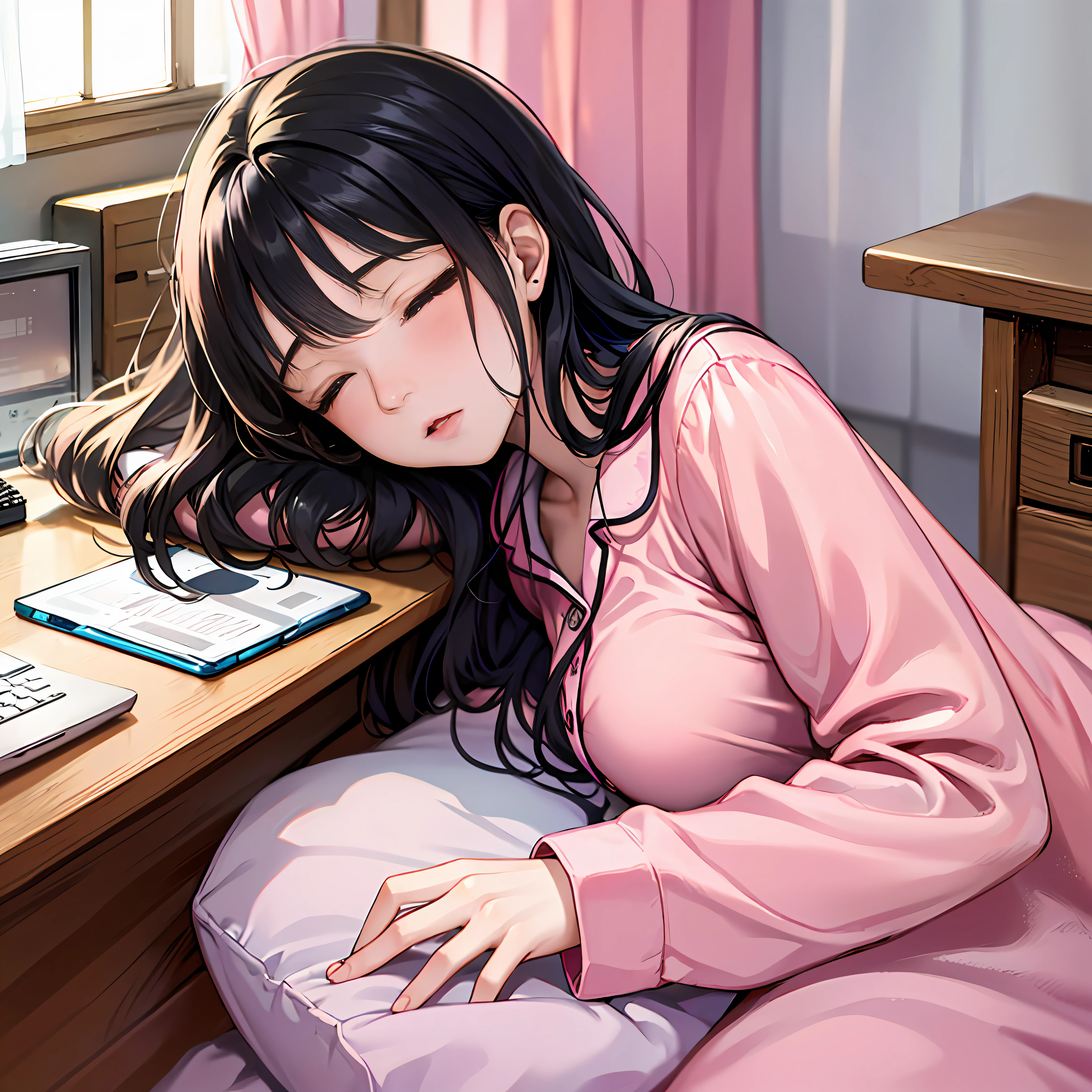 1girll,Sleeping girl,16 years old,realisticlying,Wearing pink pajamas,adolable,Loose hair,Black color hair,Bedrooms,Computer desk,for breakfast,Sunlight shines through the curtains。 --auto
