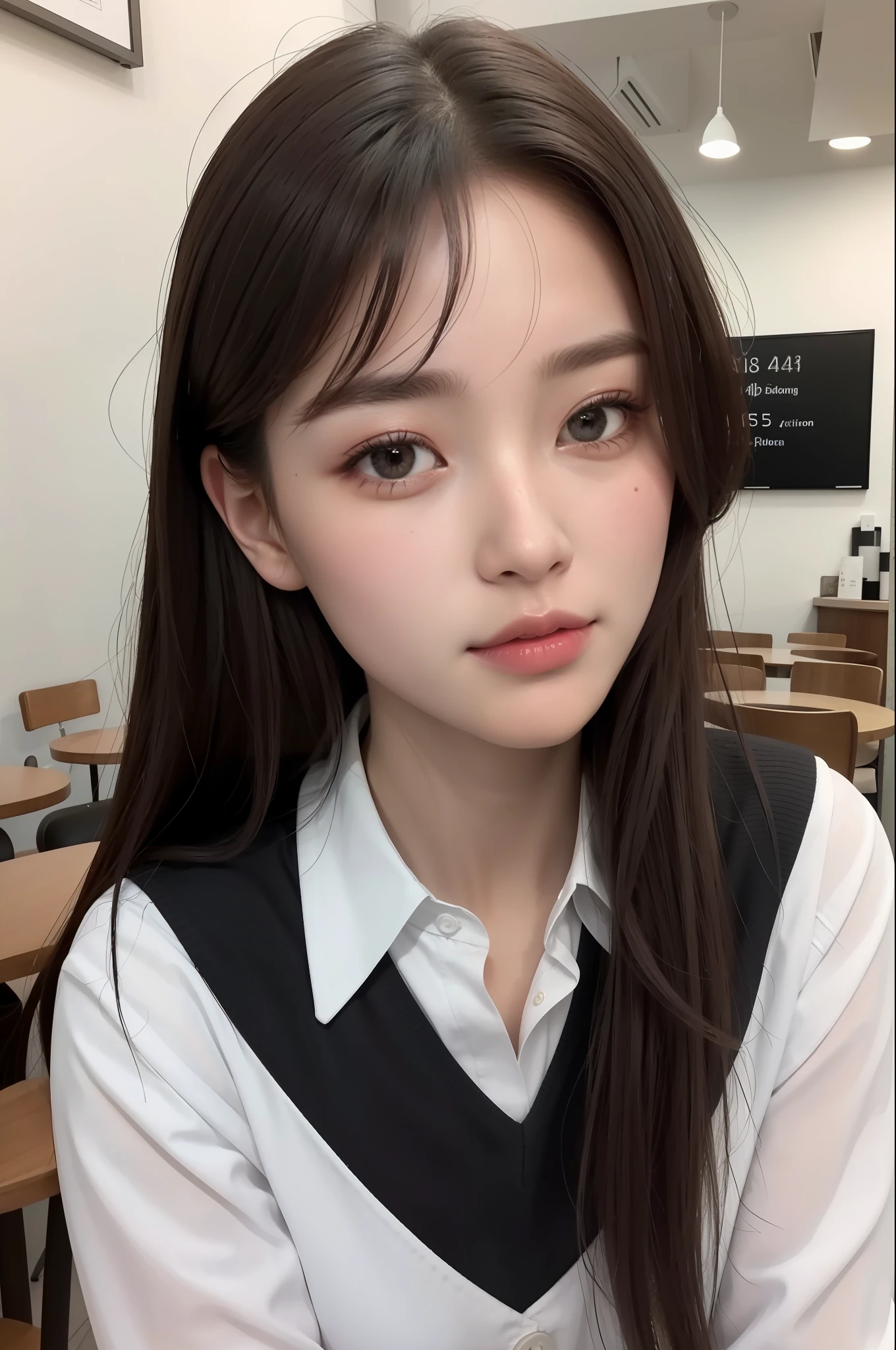 （best qualtiy：1.4）， （tmasterpiece：1.4）， （A high resolution：1.2）， （The is very detailed：1.2）， human body ratio，
1girll，18-year-old model，Wear a JK uniform，Black socks，Sit in the café，（Exquisite facial features：1.2），（highdetailskin：1.2），（photograph realistic：1.3），