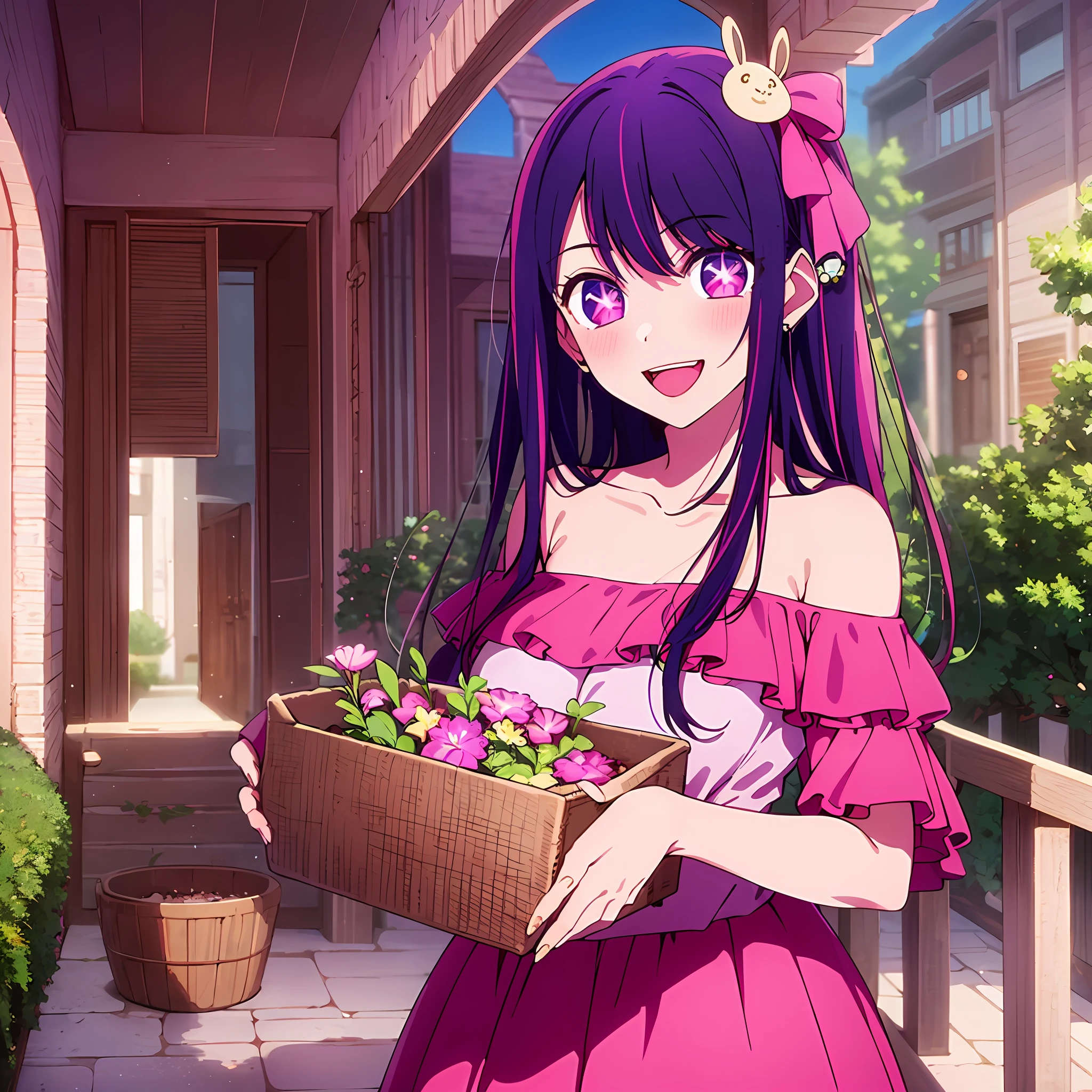 masterpiece、ighly detailed、(1 girl in:1.2)、purple color hair、pink dress、big eye、a closeup、a smile、8K
